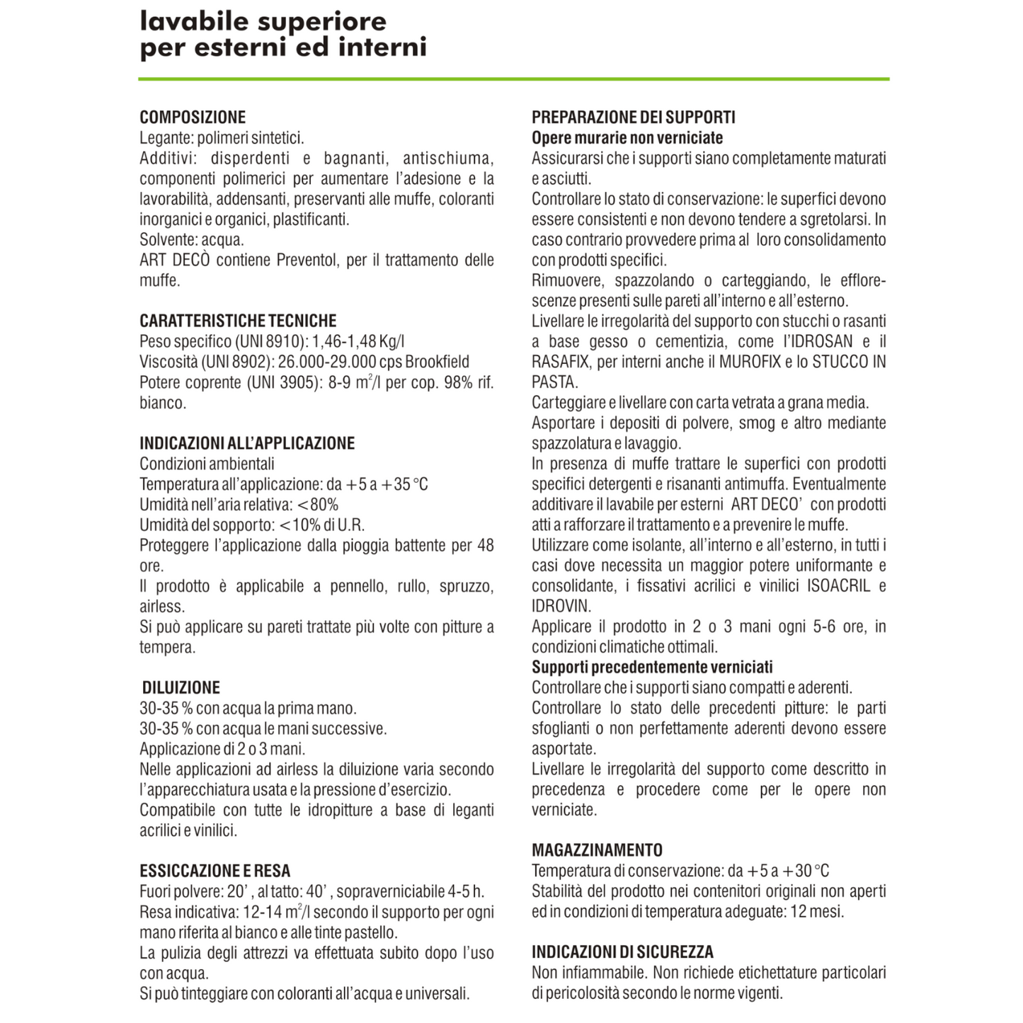 Idropittura Lavabile ART DECÒ Professionale Interno Esterno Opaca Vellutata I.D