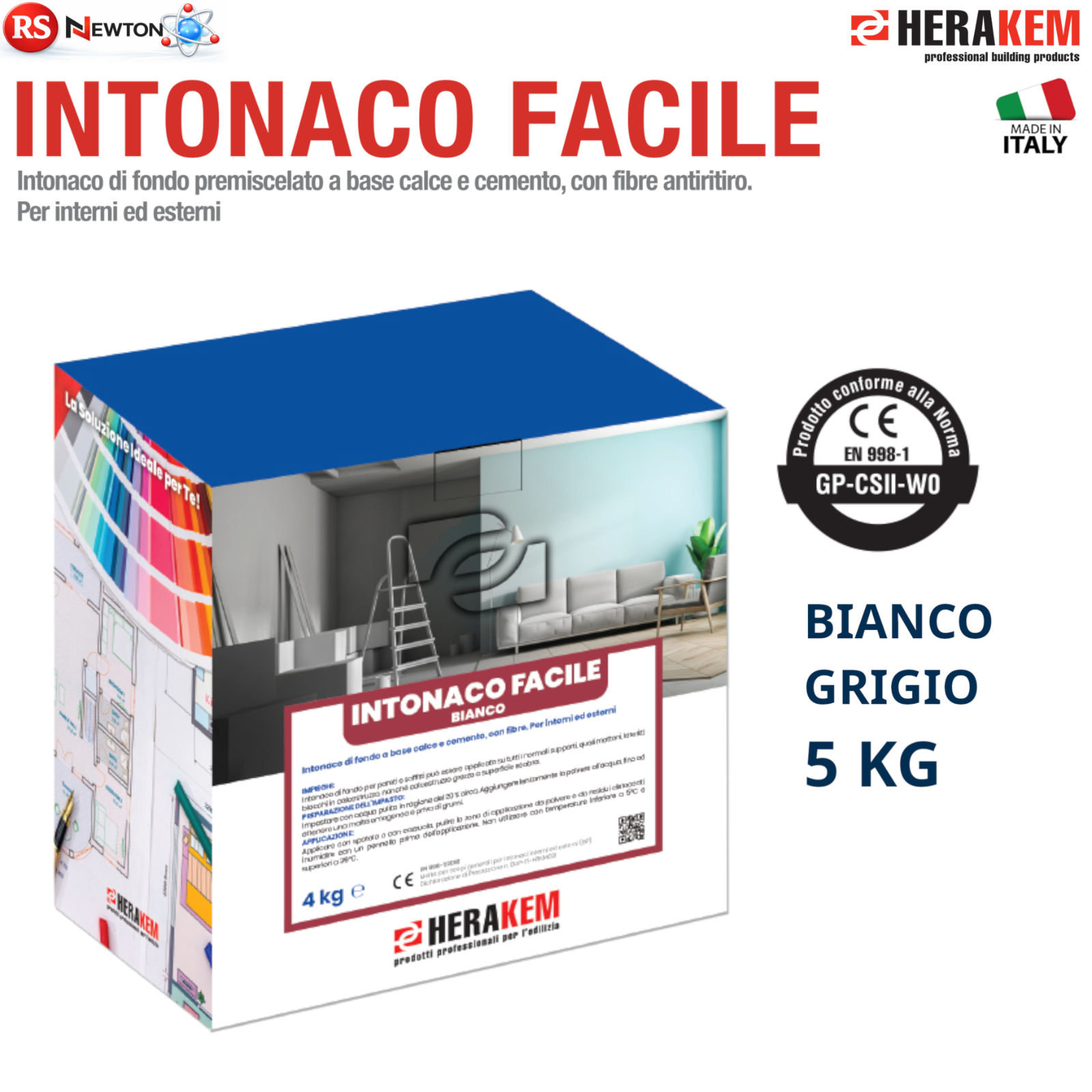 Intonaco Premiscelato Calce Cemento Interno Esterno Pareti Soffitto 5Kg HERAKEM