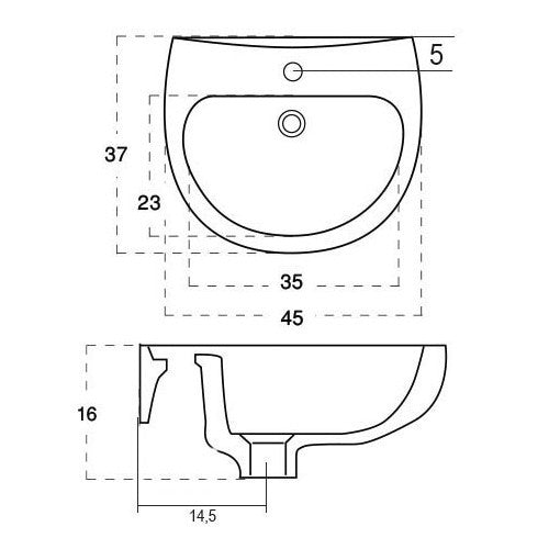 Lavabo a Parete Sospeso Salvaspazio Bagno 37x45 cm LINPHA Ceramica Moderno D.X