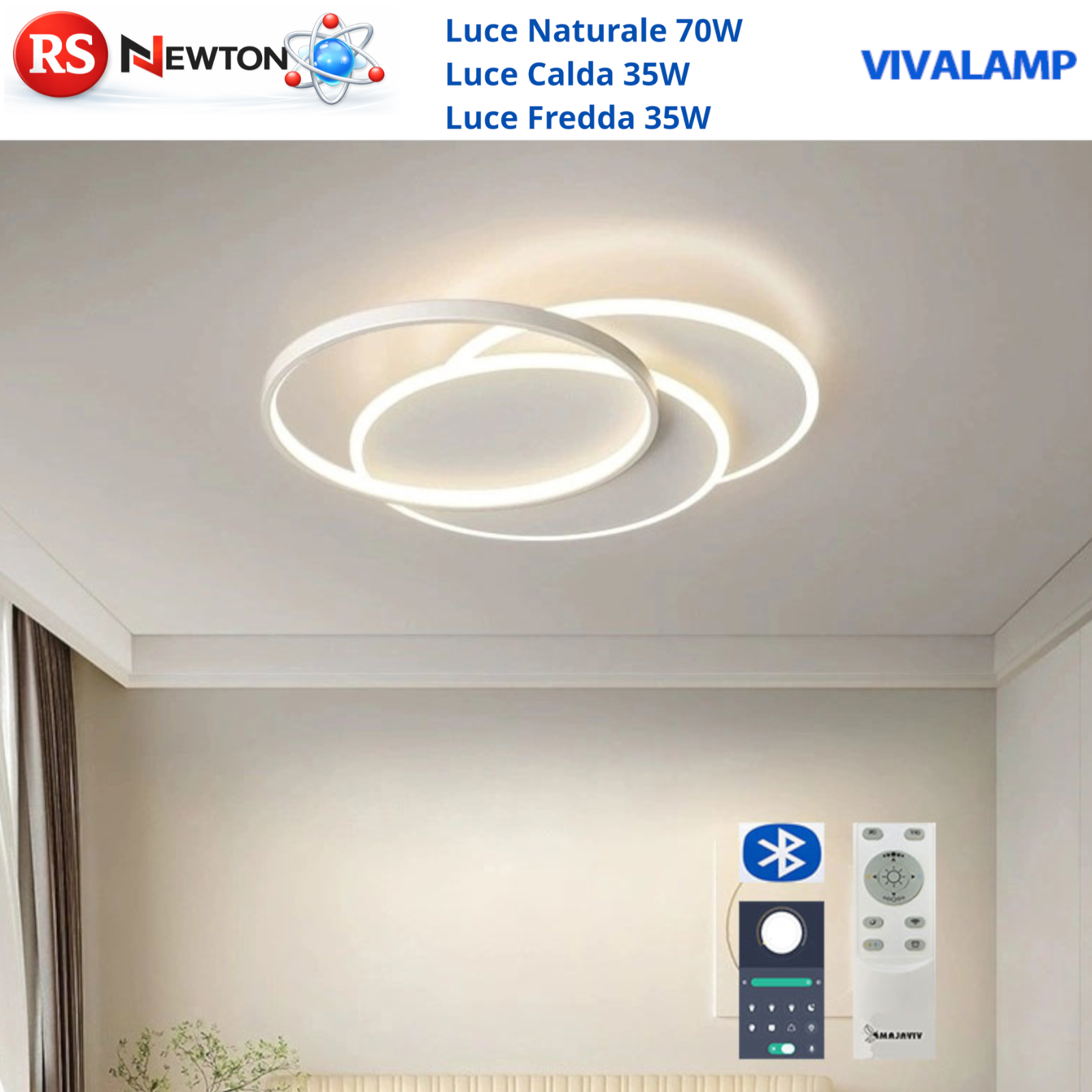 Lampadario LED 70W Moderno Plafoniera a Cerchi Telecomando APP Dimmerabile V.L