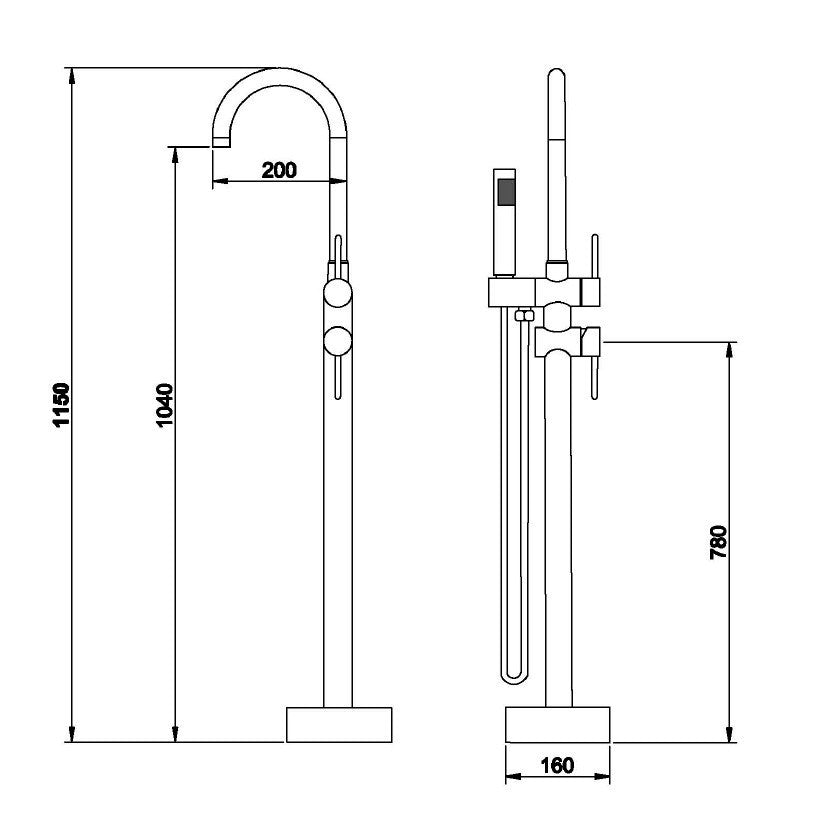 Miscelatore Vasca Da Bagno a Pavimento Moderno 115cm con Doccetta Cromo Nero D.X