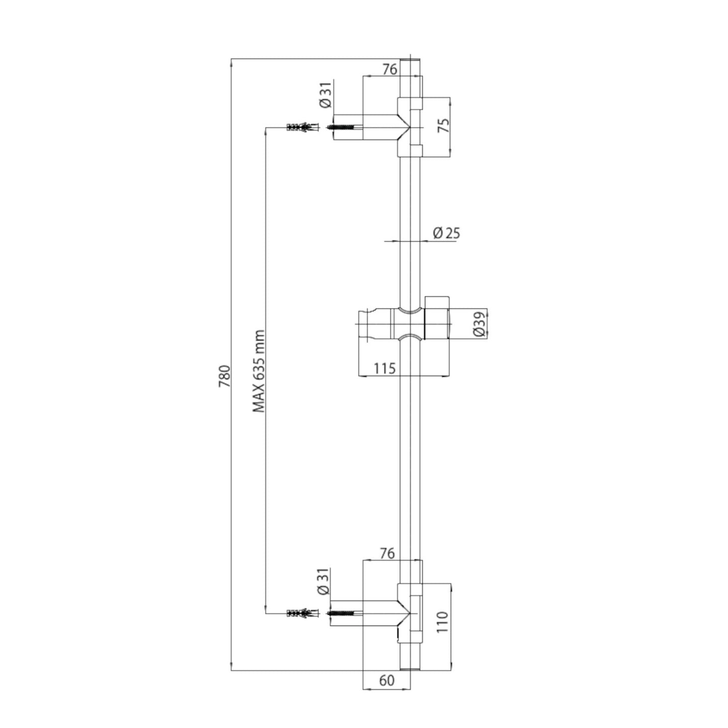 Asta Saliscendi Doccia Completo BOSSINI Regolabile in Ottone Cromato 3 Getti D.X