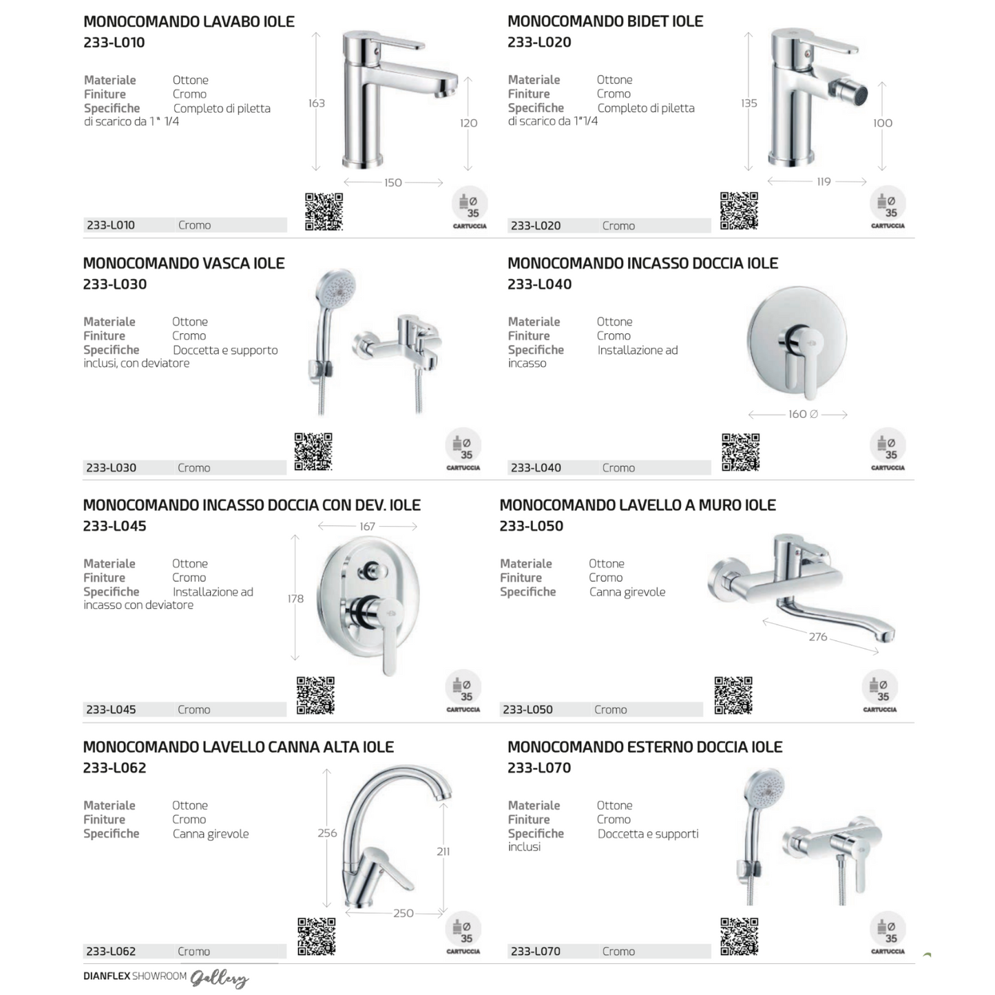 Rubinetto Miscelatore IOLE Bagno Lavabo Bidet Vasca Doccia Ottone Moderno D.X