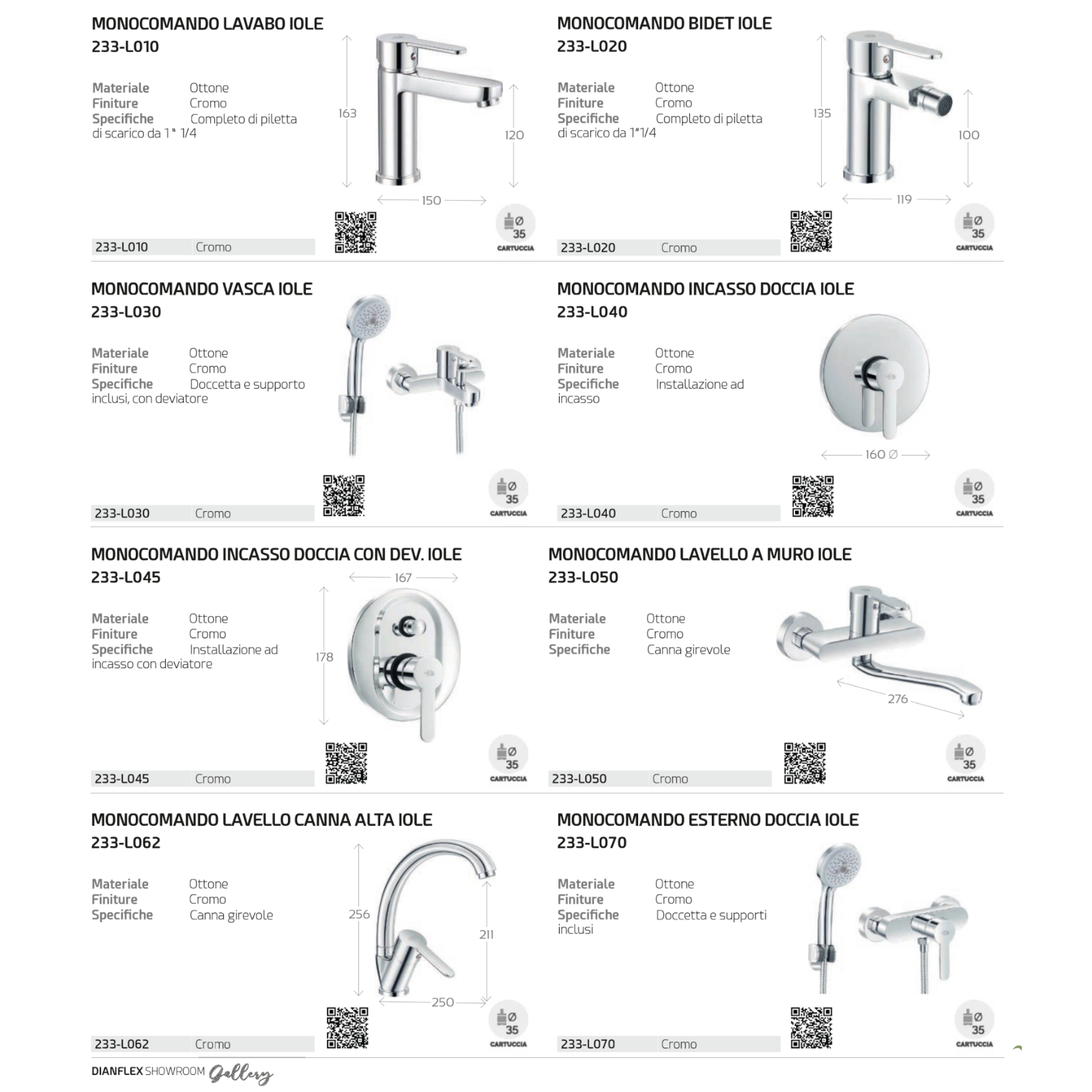 Rubinetto Miscelatore IOLE Bagno Lavabo Bidet Vasca Doccia Ottone Moderno D.X