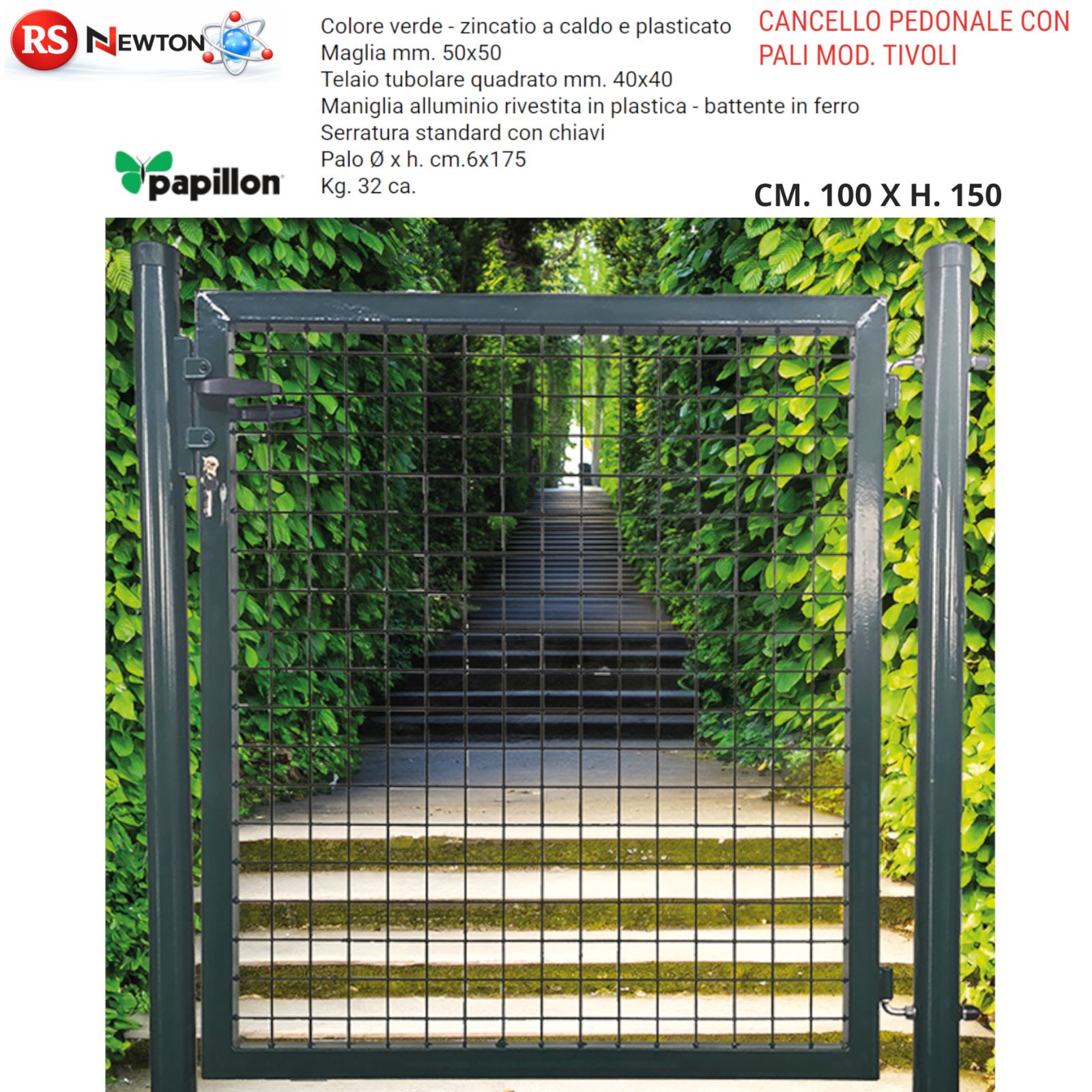 Cancello Zincato Pedonale Verde 100x150cm Con Pali Recinzione Giardino VBS