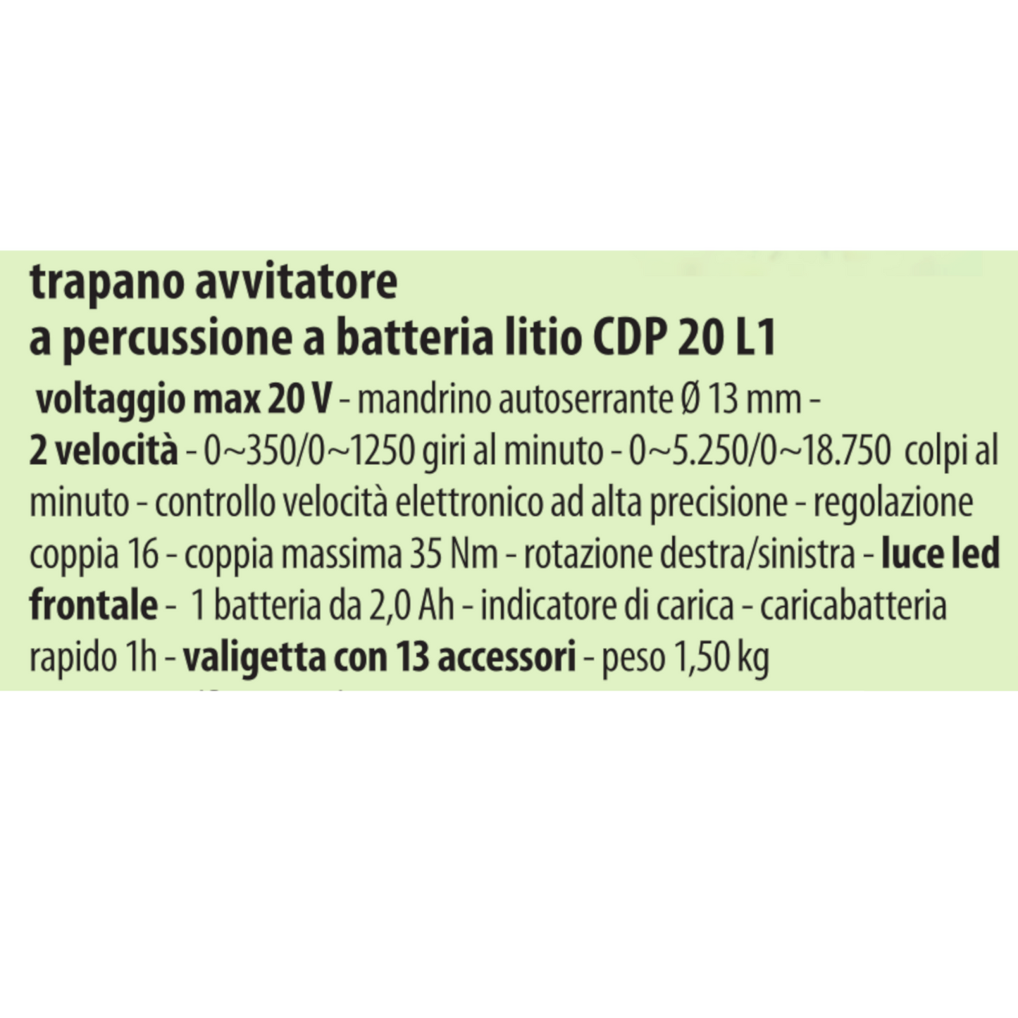 Trapano Avvitatore a Batteria Litio Con Percussione 20V 2,0Ah Carica Rapida VBS