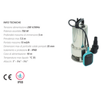 Elettropompa Sommersa Acque Scure Sporche IKARO in Acciaio Inox IPX8 750W D.X