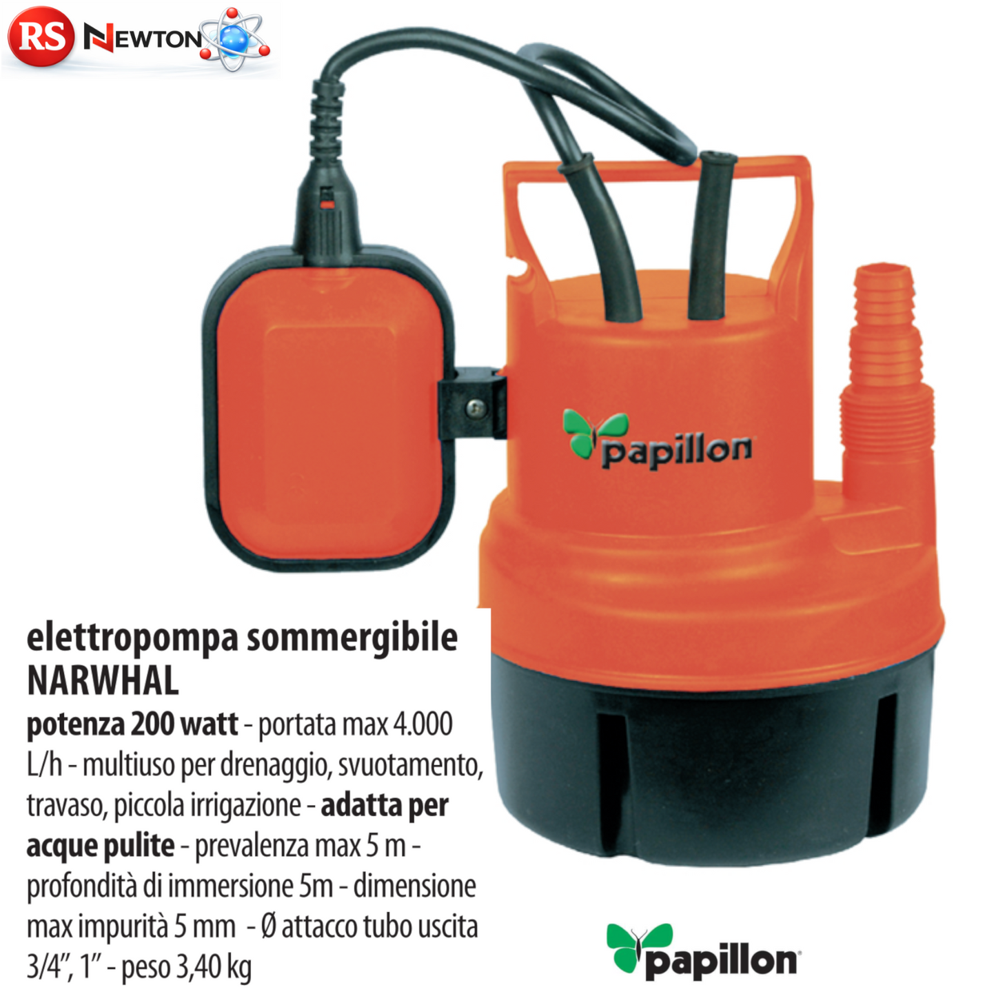 Elettropompa Sommergibile 200W Acque Limpide Pulite 4000 Lt/h Prevalenza 5mt VBS