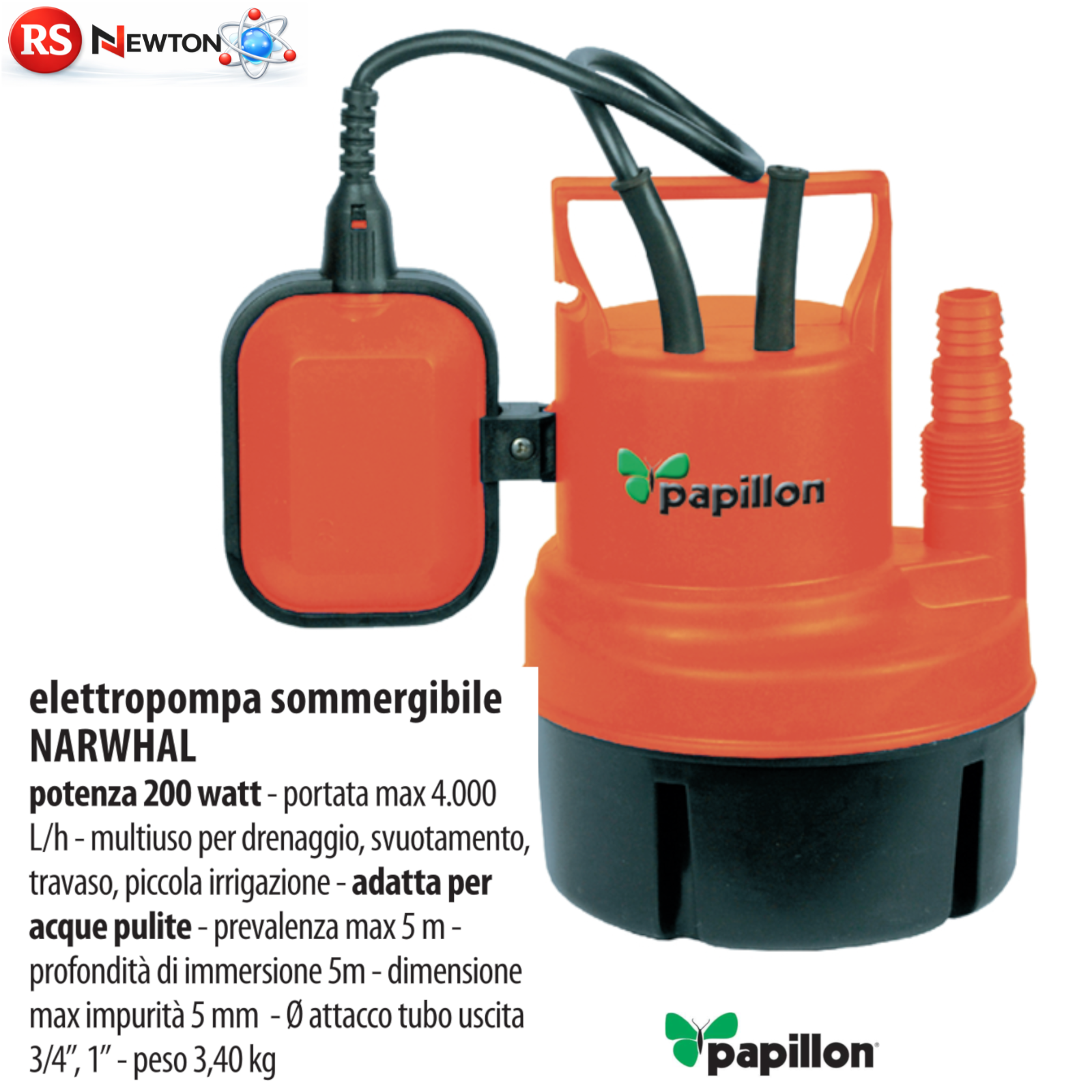 Elettropompa Sommergibile 200W Acque Limpide Pulite 4000 Lt/h Prevalenza 5mt VBS