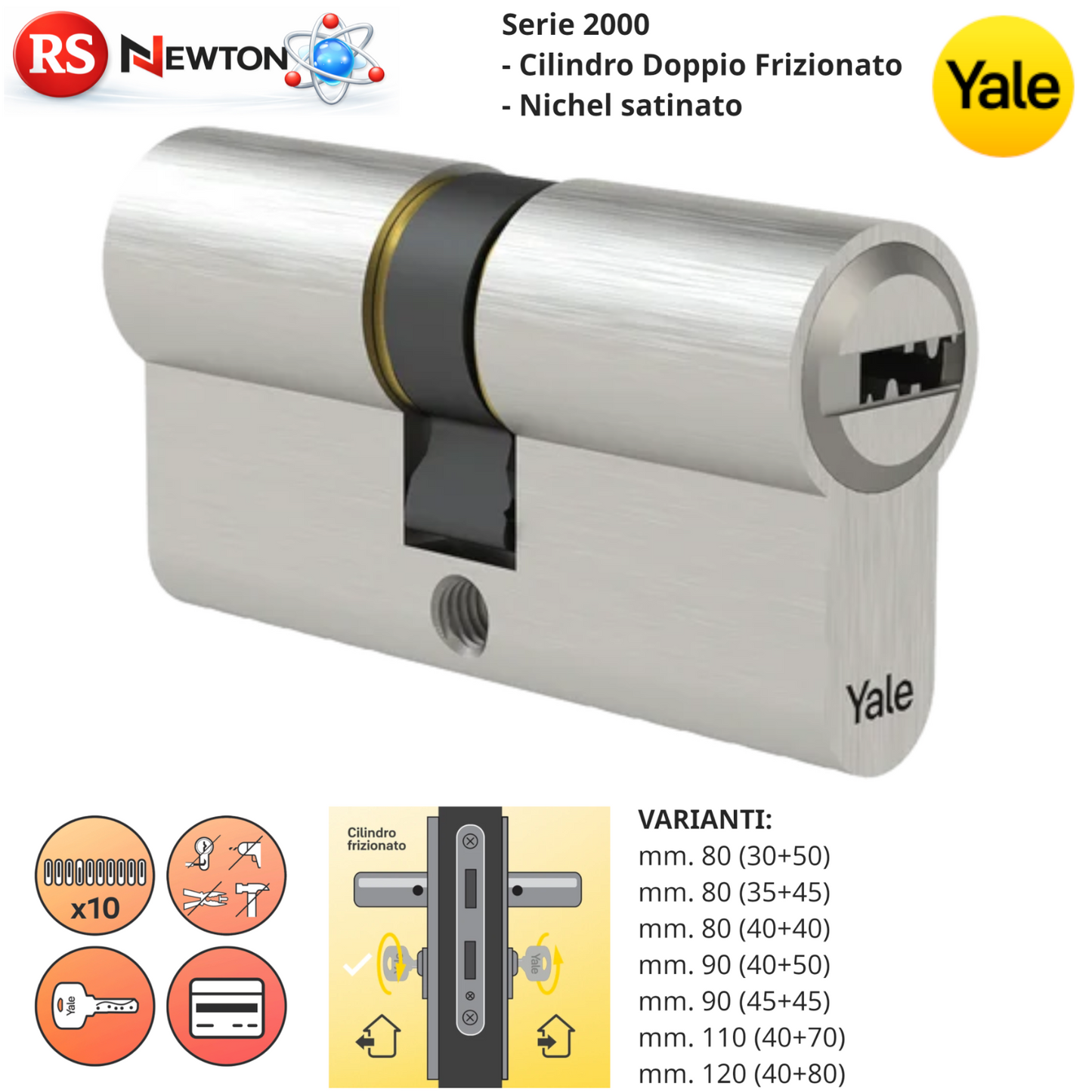 Cilindro Europeo YALE 2000 Doppio Frizionato Antiscasso 10Pin Porta blindata VBS