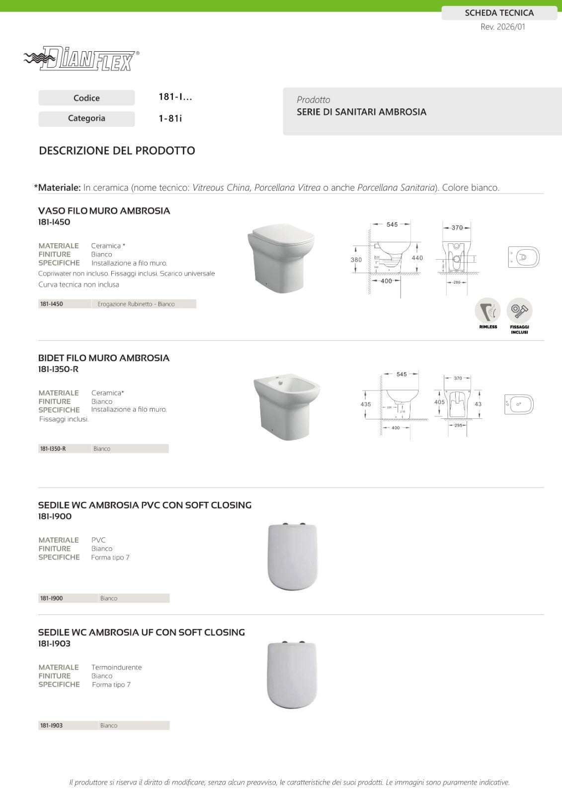 Sanitari Filo Muro LINPHA Ambrosia Rimless Vaso WC Bagno Bidet Copri Water D.X