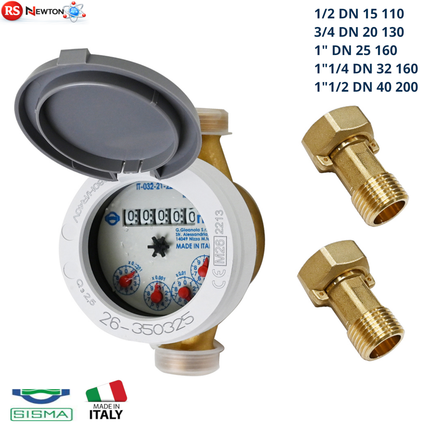 Misuratore Contatore Acqua Fredda T50 R80 Getto Unico Quadrante Bagnato D.X