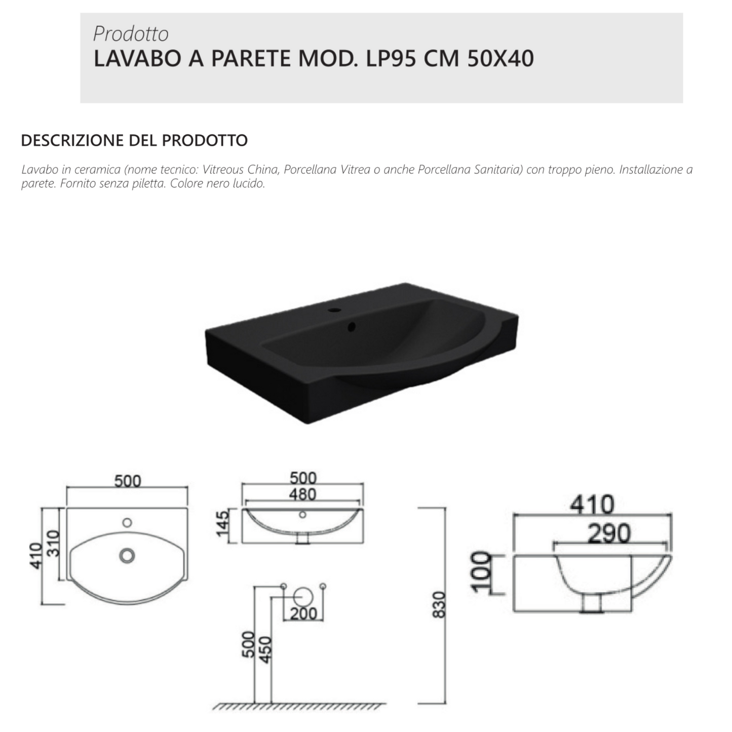 Lavabo a Parete Sospeso Nero Lucido 50x40 cm Linpha Ceramica Bagno Moderno D.X