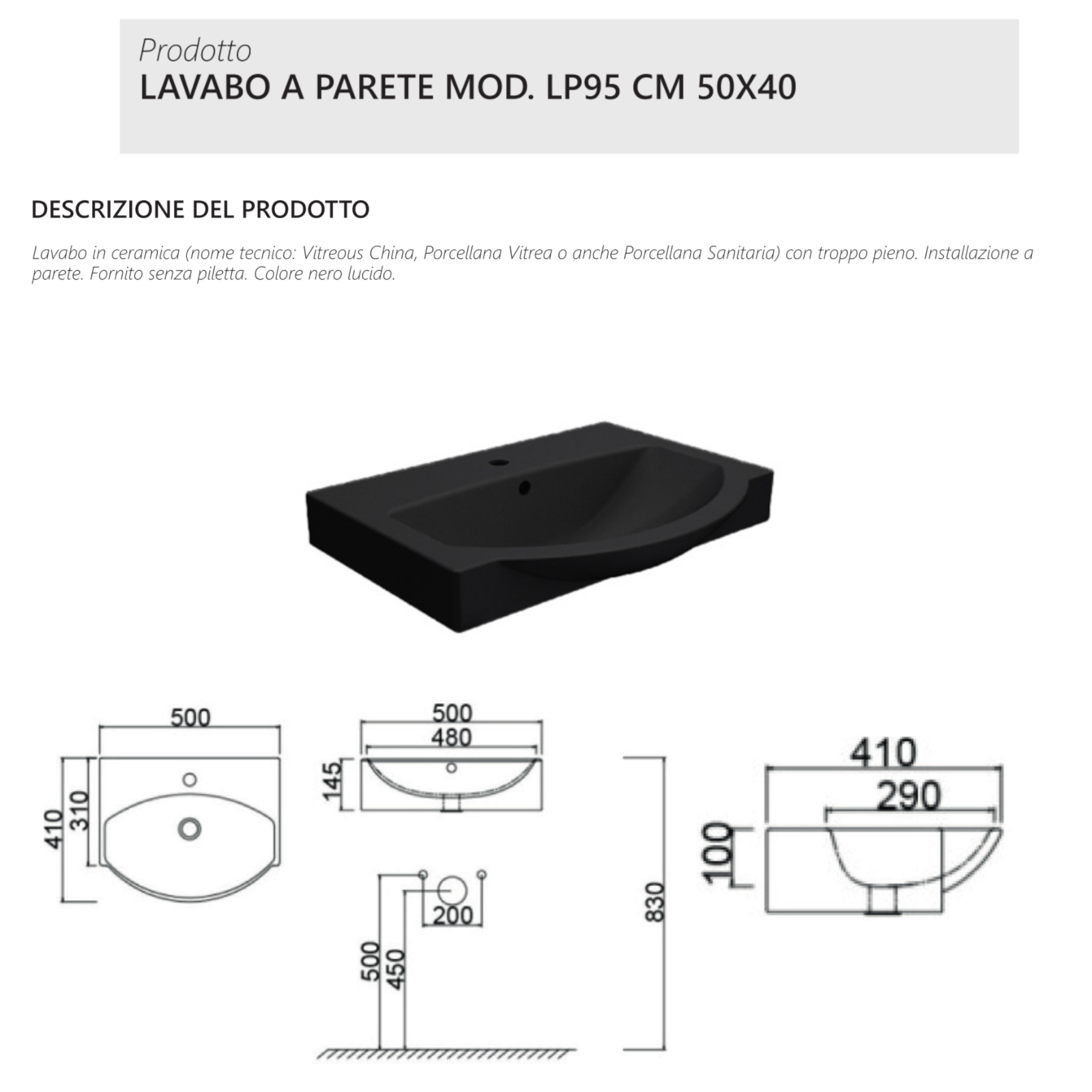 Lavabo a Parete Sospeso Nero Lucido 50x40 cm Linpha Ceramica Bagno Moderno D.X