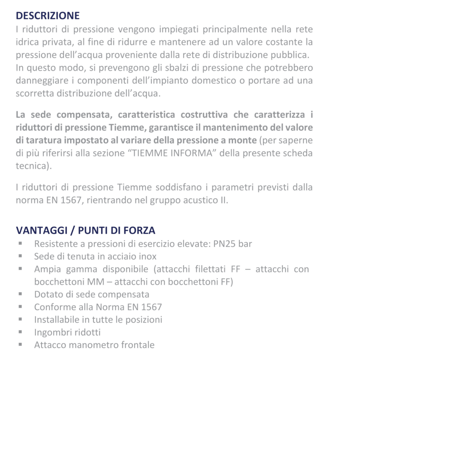 Riduttore Di Pressione Acqua a Pistone FF 1/2" 3/4" ISO 228 TIEMME ITALIA D.X