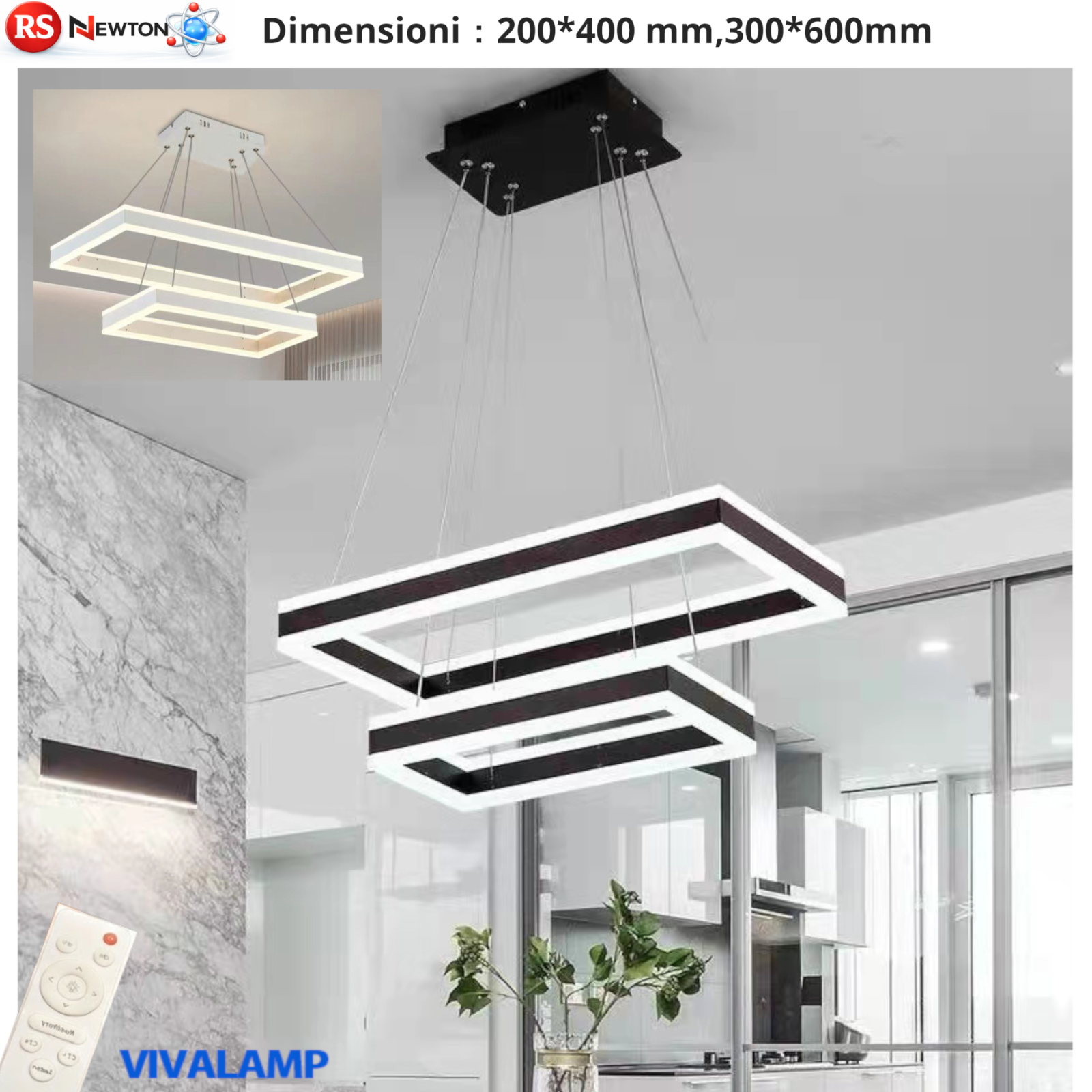 Lampadario LED 128W Dimmerabile Telecomando Nero Bianco Moderno 9600lm V.L