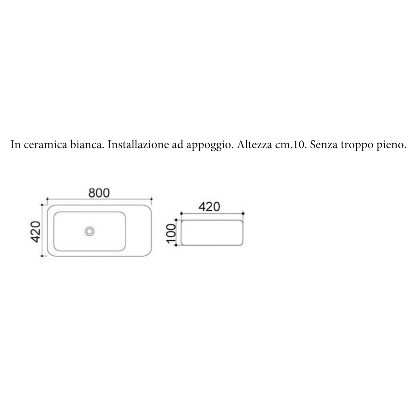 Lavabo ad Appoggio Rettangolare Bagno 80x42 LINPHA Ceramica Moderno Bianco D.X