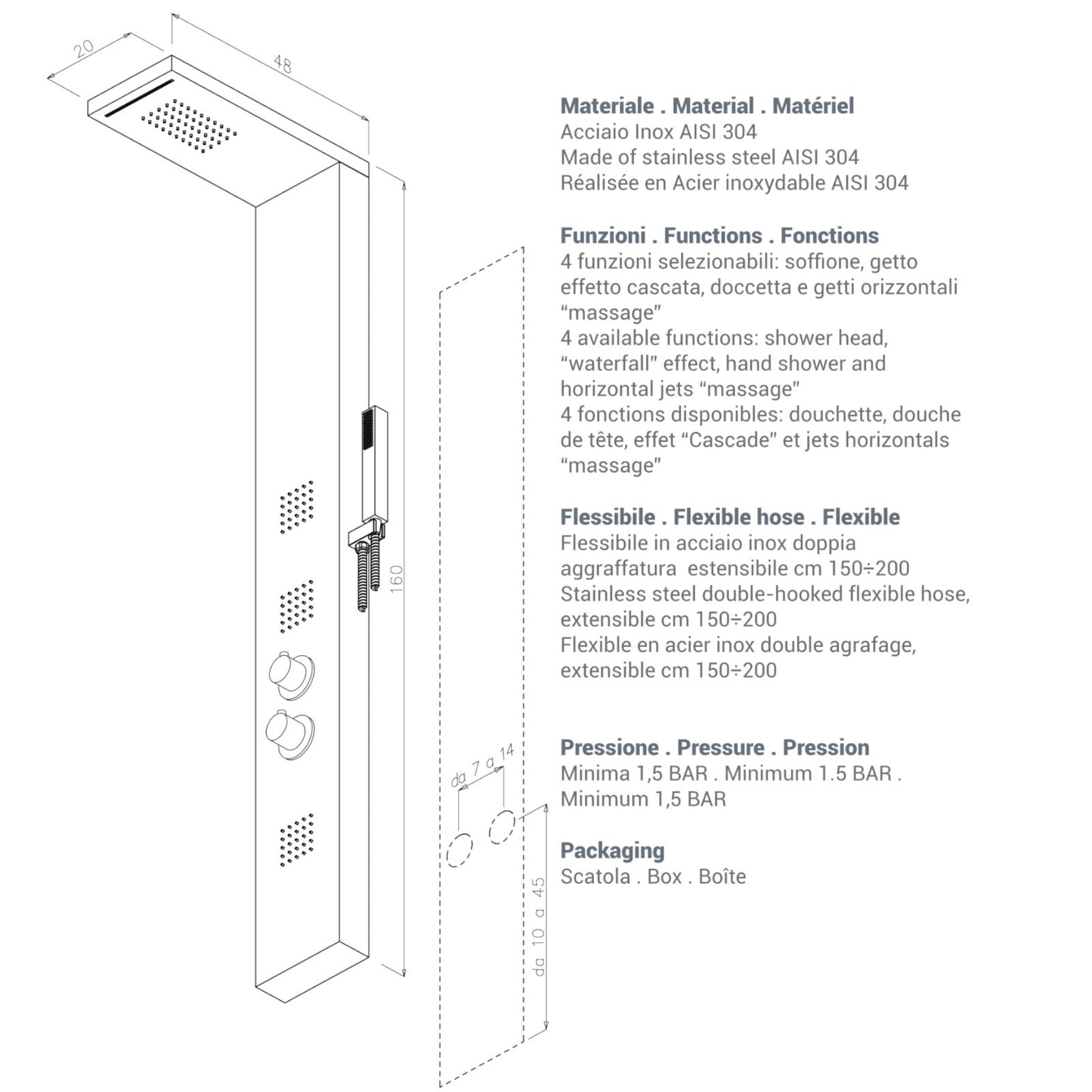 Pannello Doccia Con Miscelatore Termostatico PLUS in Acciaio INOX ASISI 304 D.X