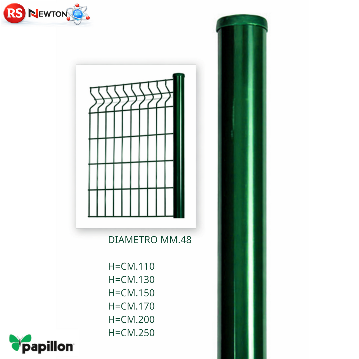 Palo Tondo per Pannelli Border Ø48 mm Verde Plastificato Recinzione H110-250 VBS