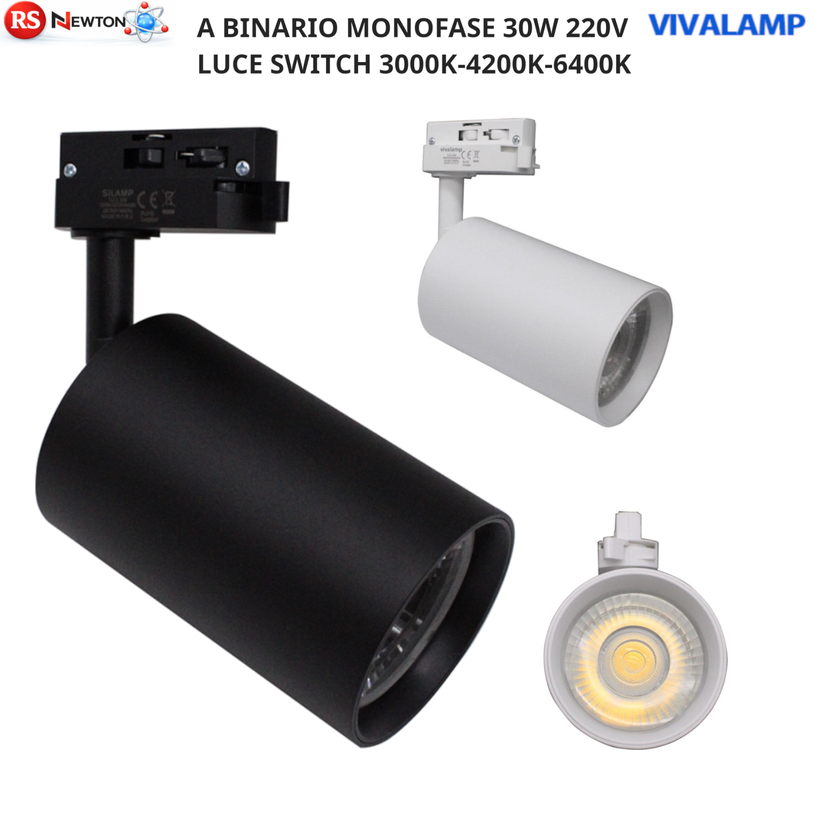 Faretto LED Binario Monofase 30W 2350lm CCT 3 Luci Bianco Nero Negozio Bar V.L