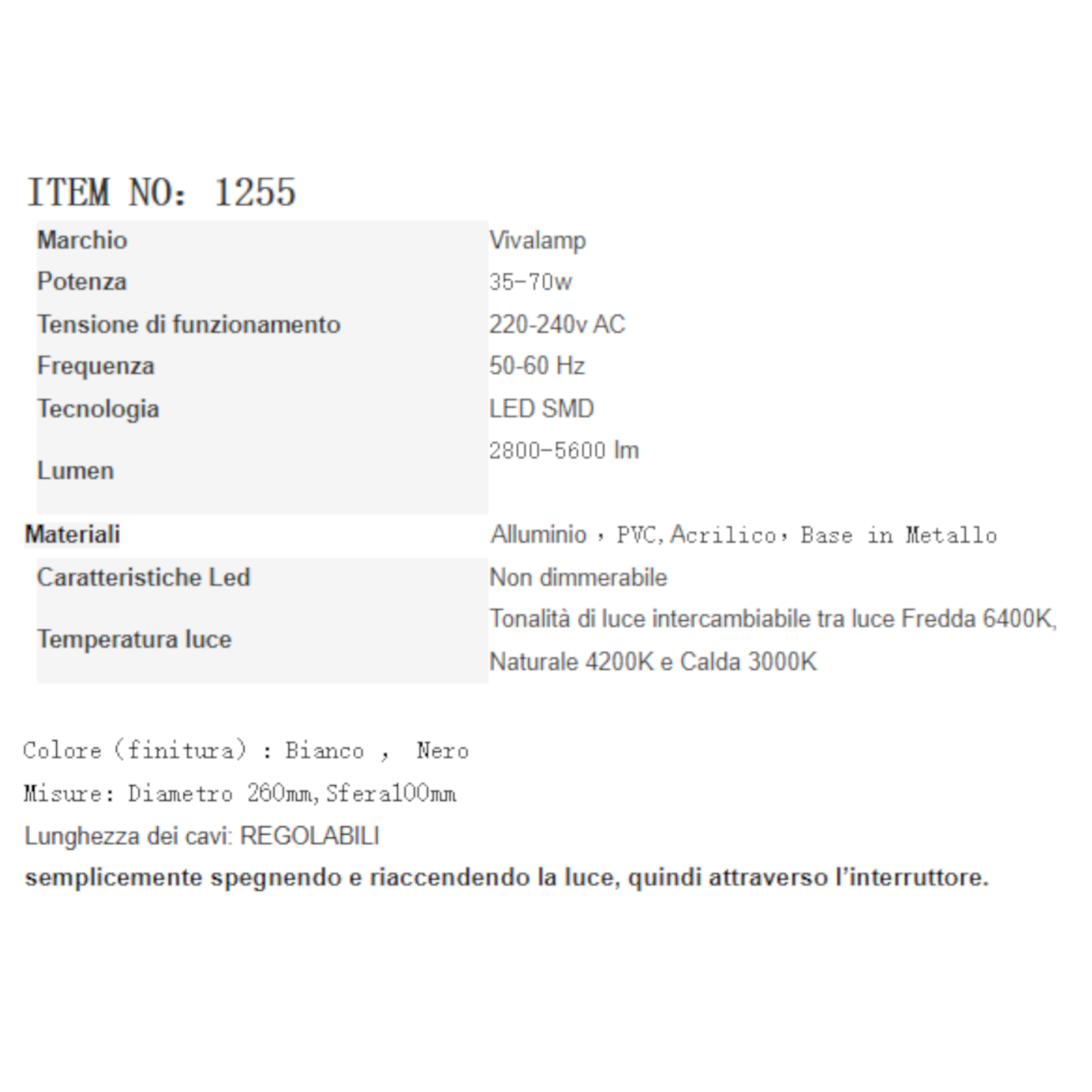 Lampadario LED Sospensione Moderno 35-70w Bianco Nero Camera Letto Soggiorno V.L