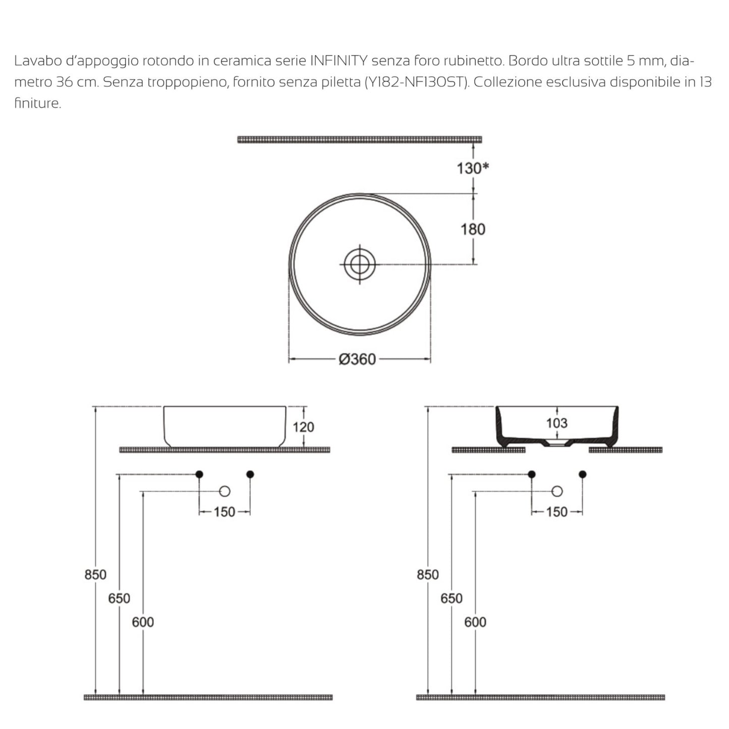 Lavabo Bagno Da Appoggio Rotondo NYMO Ø36cm Ceramica Moderno Ultra Sottile D.X