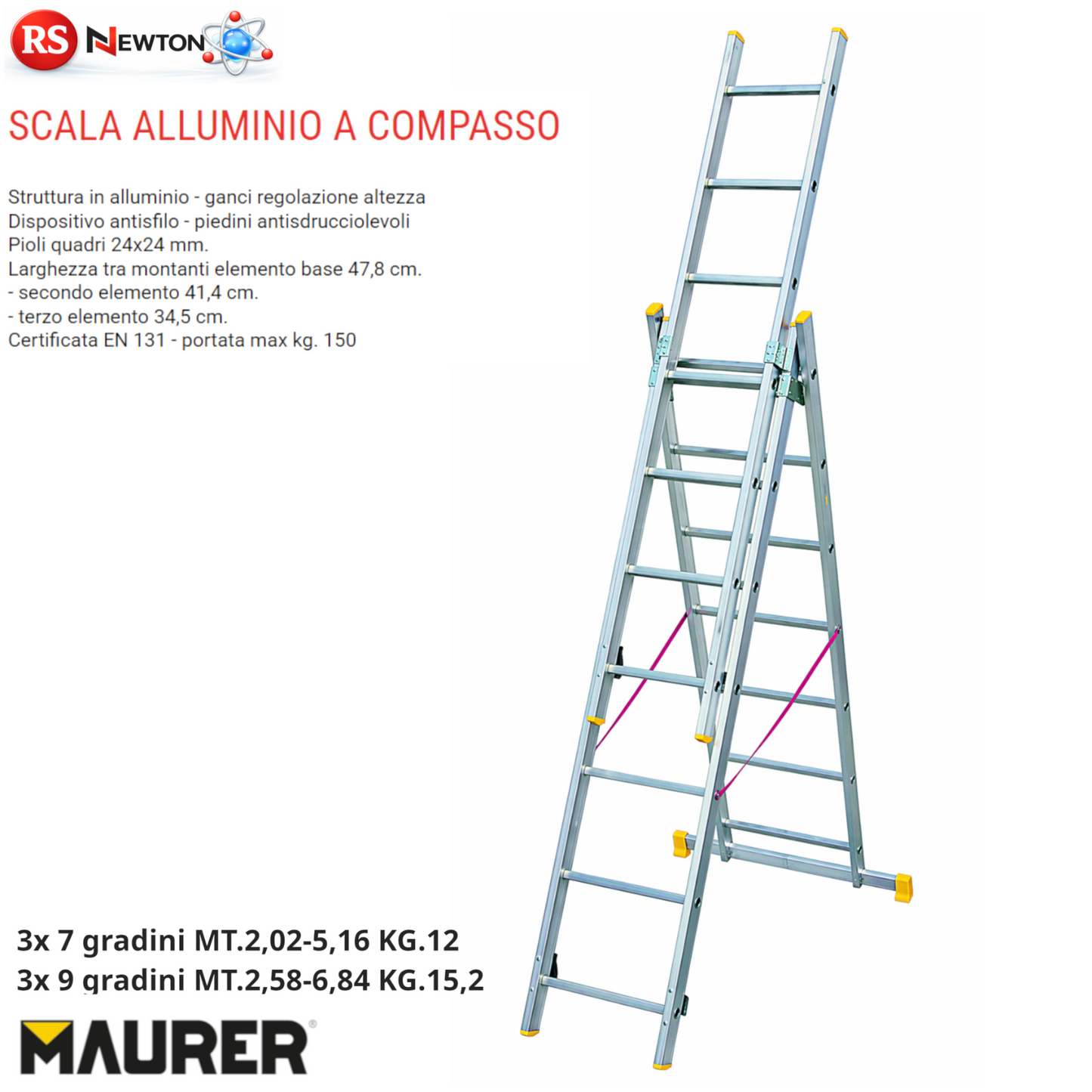 Scala Alluminio 3 Elementi 7+7+7 9+9+9 Gradini Telescopica Estensibile 150kg VBS