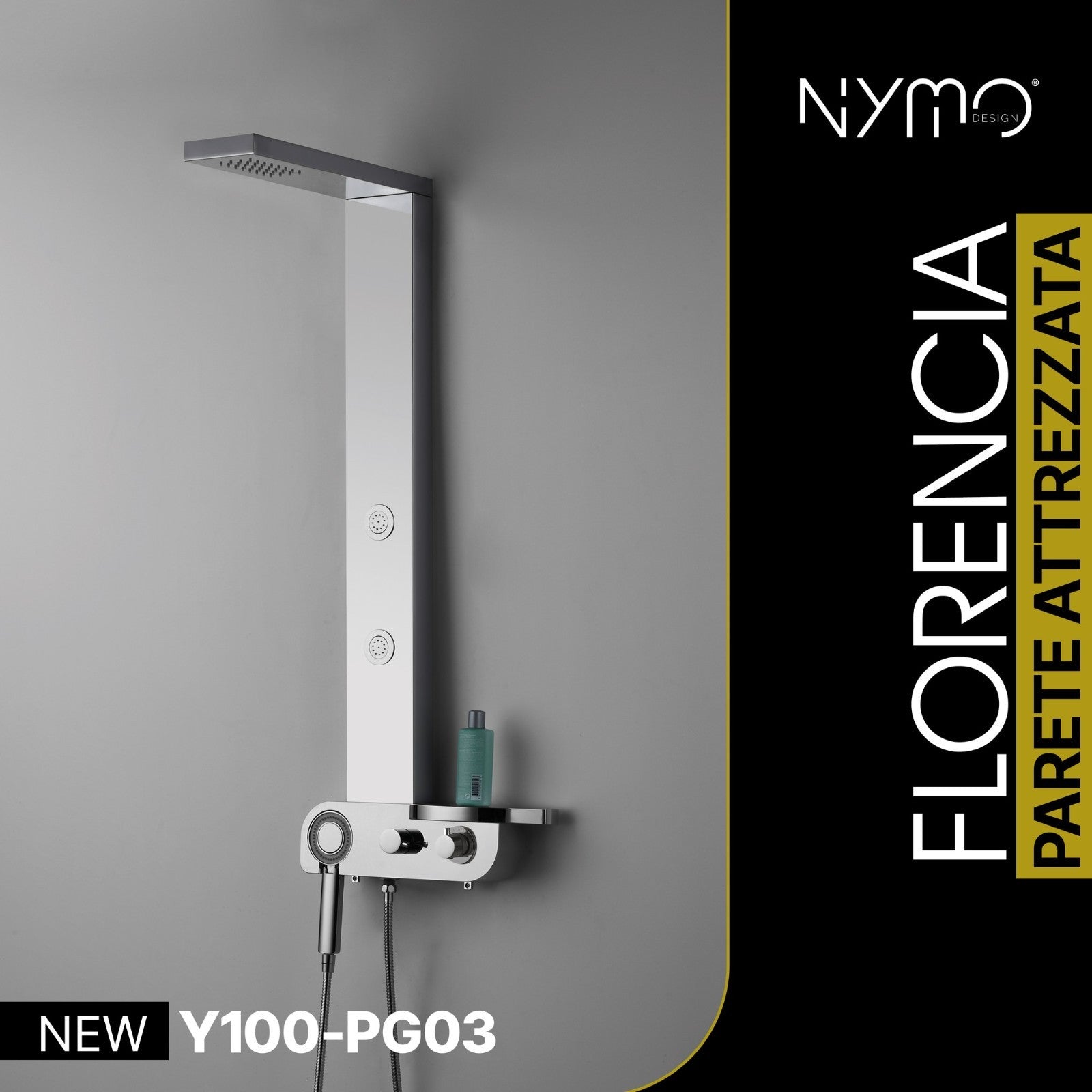 Colonna Pannello Doccia NYMO Acciaio Inox Lucidato Finitura Specchio 8K 4Vie D.X