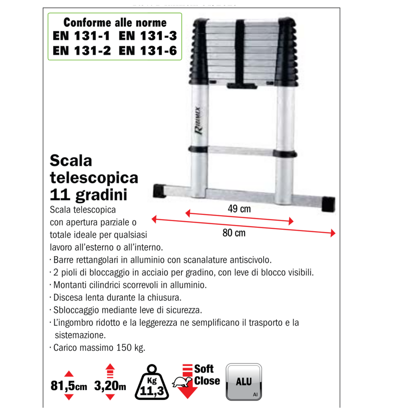 Scala Telescopica 11 Gradini in Alluminio 11.3KG Max 3,2M Portatile Multiuso D.X