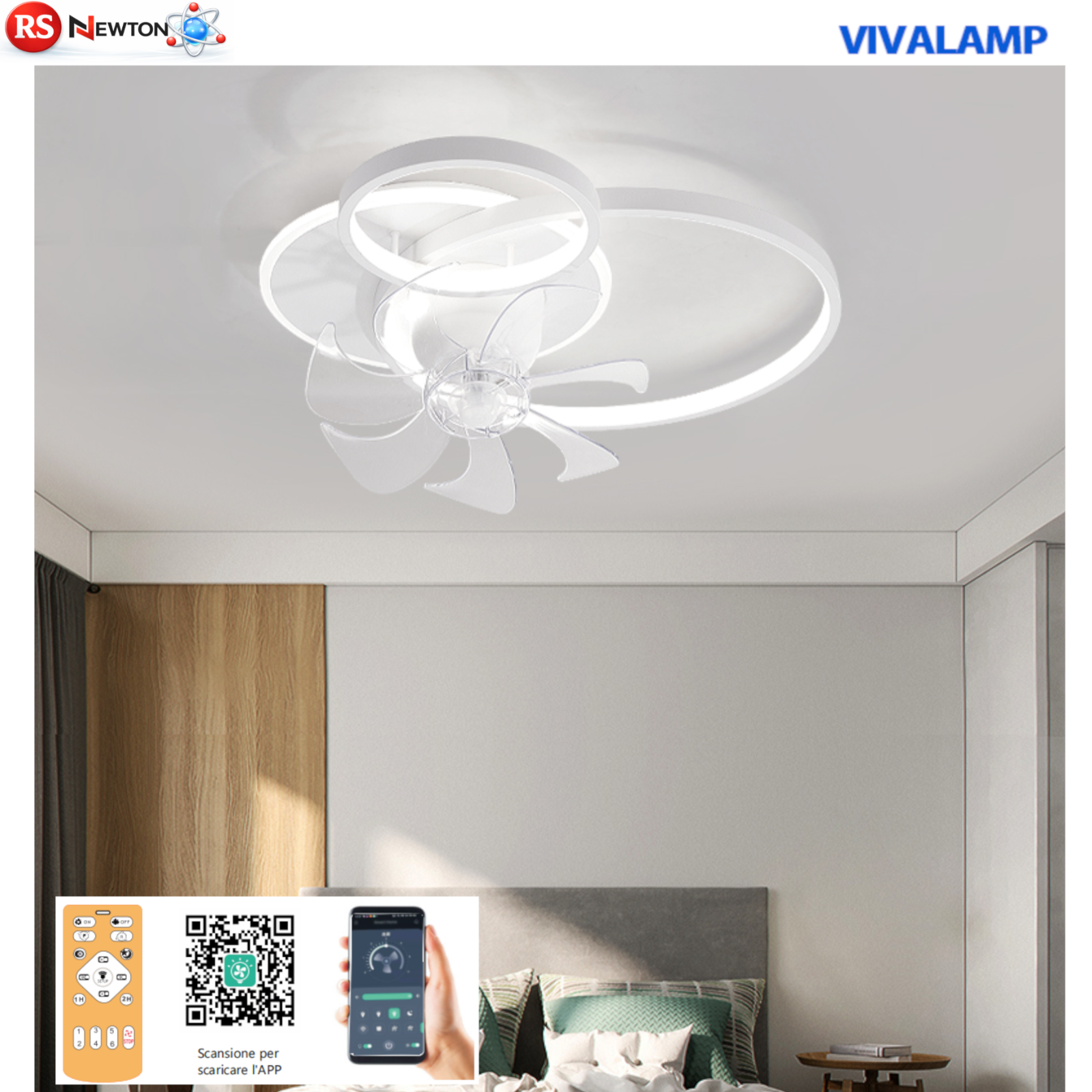 Plafoniera LED Con Ventilatore Rotonda 60W Dimmerabile Telecomando Motore DC V.L
