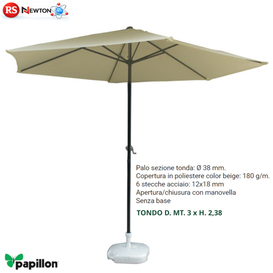 Ombrellone Giardino Tondo 3M Palo Ø38 Manovella Poliestere Beige 180 g/m² VBS