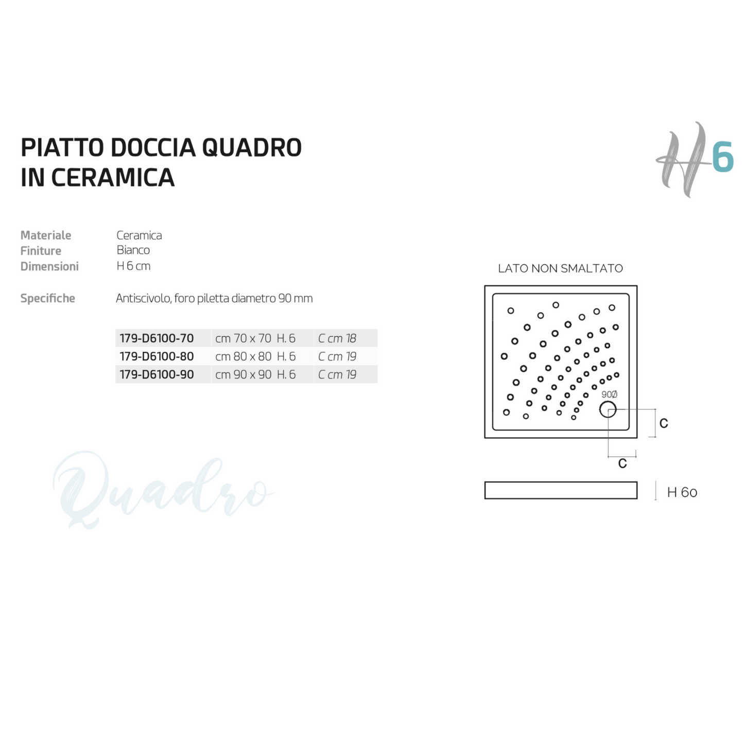 Piatto Doccia Quadro Ceramica Bianco H6 70x70 80x80 90x90 Foro 90 Slim Bagno D.X