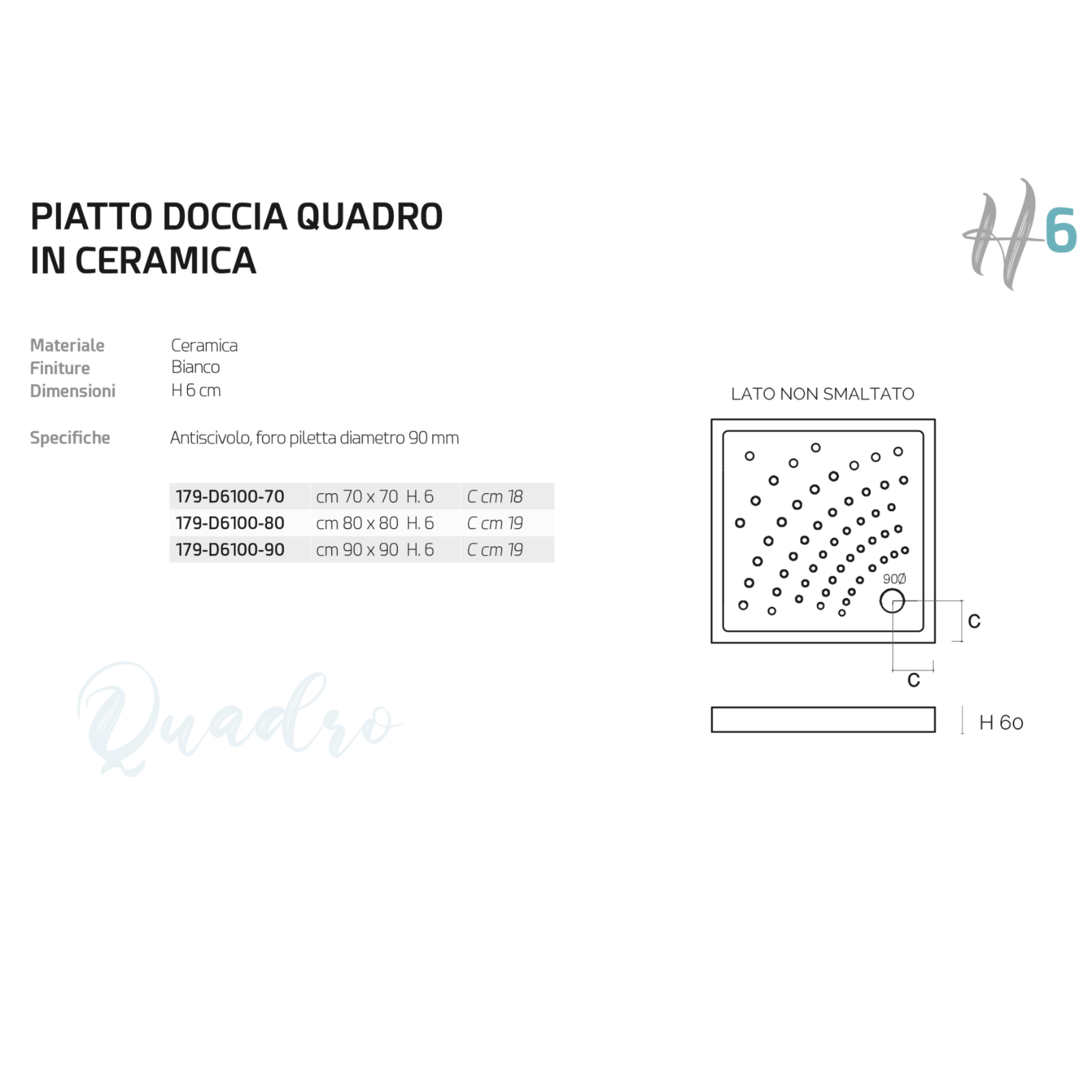 Piatto Doccia Quadro Ceramica Bianco H6 70x70 80x80 90x90 Foro 90 Slim Bagno D.X