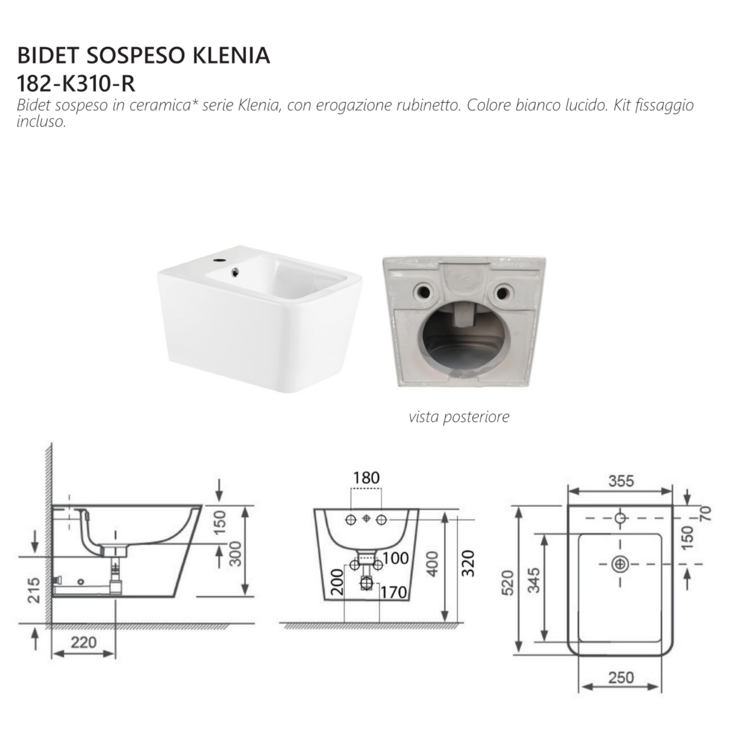 Sanitari Sospesi Rimless Bagno KLENIA Vaso WC Bidet Copri Water Soft Moderno D.X