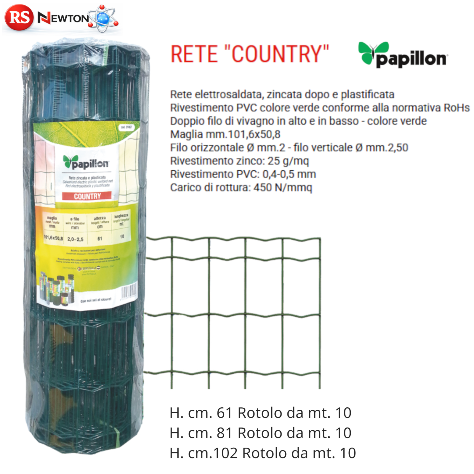 Rete Elettrosaldata Verde PVC Zincata Recinzione 10 Metri Maglia 101x50 VBS