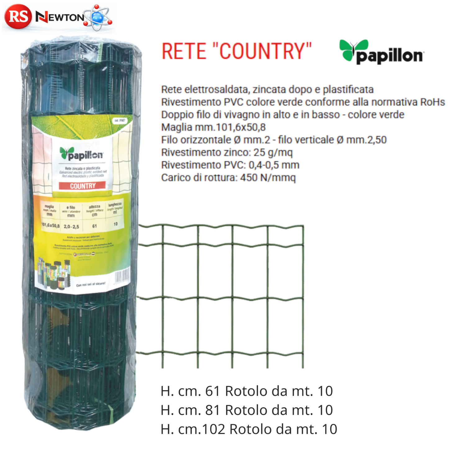 Rete Elettrosaldata Verde PVC Zincata Recinzione 10 Metri Maglia 101x50 VBS