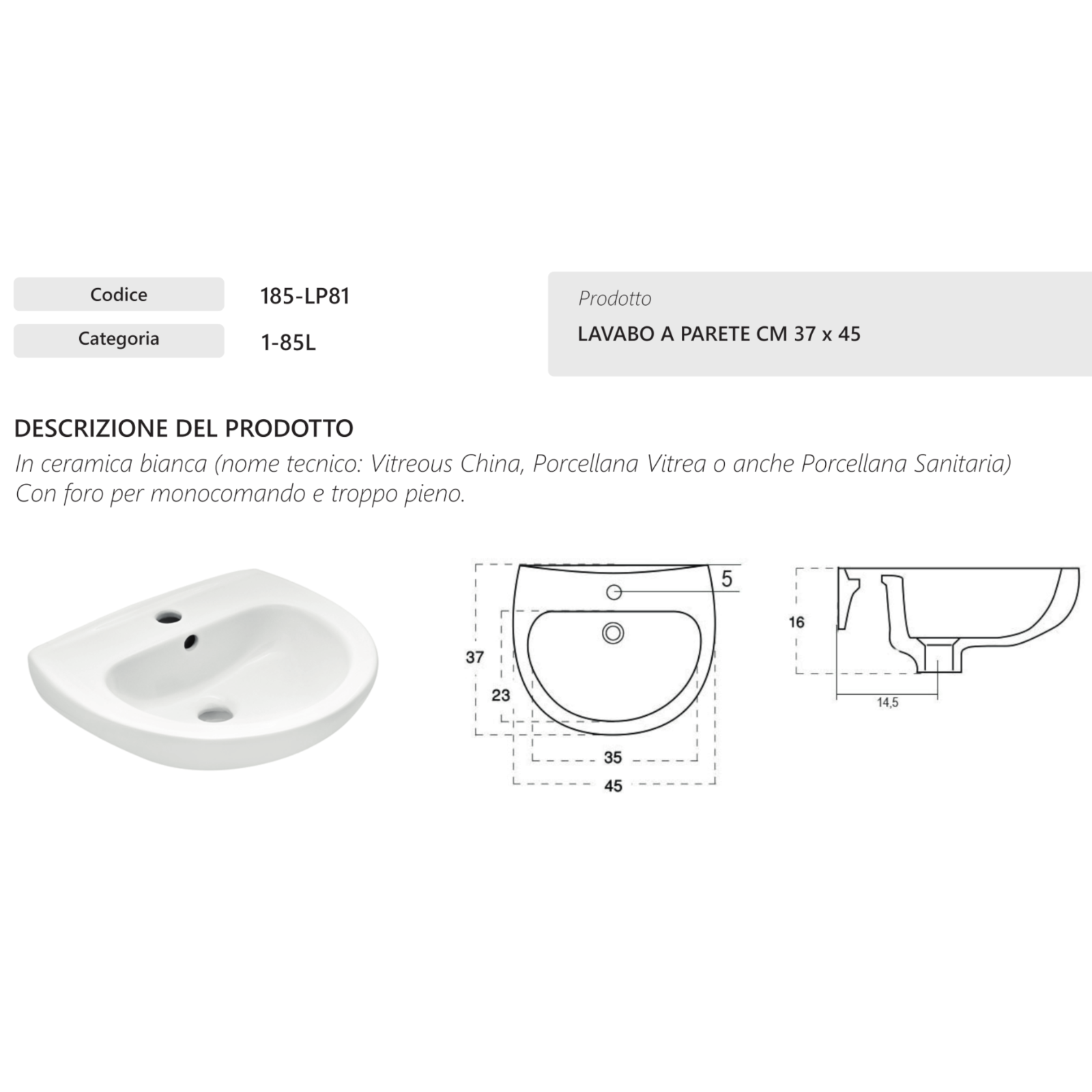 Lavabo a Parete Sospeso Salvaspazio Bagno 37x45 cm LINPHA Ceramica Moderno D.X