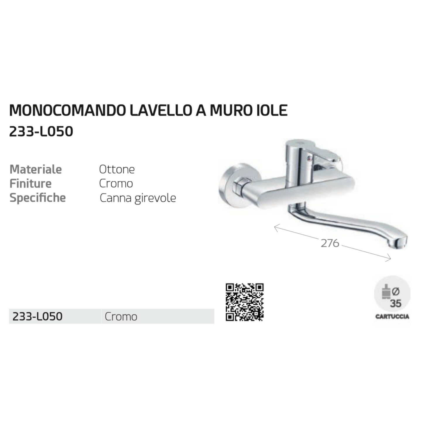 Miscelatore Rubinetto Lavello a Muro Ottone Cromato Monocomando Serie IOLE D.X