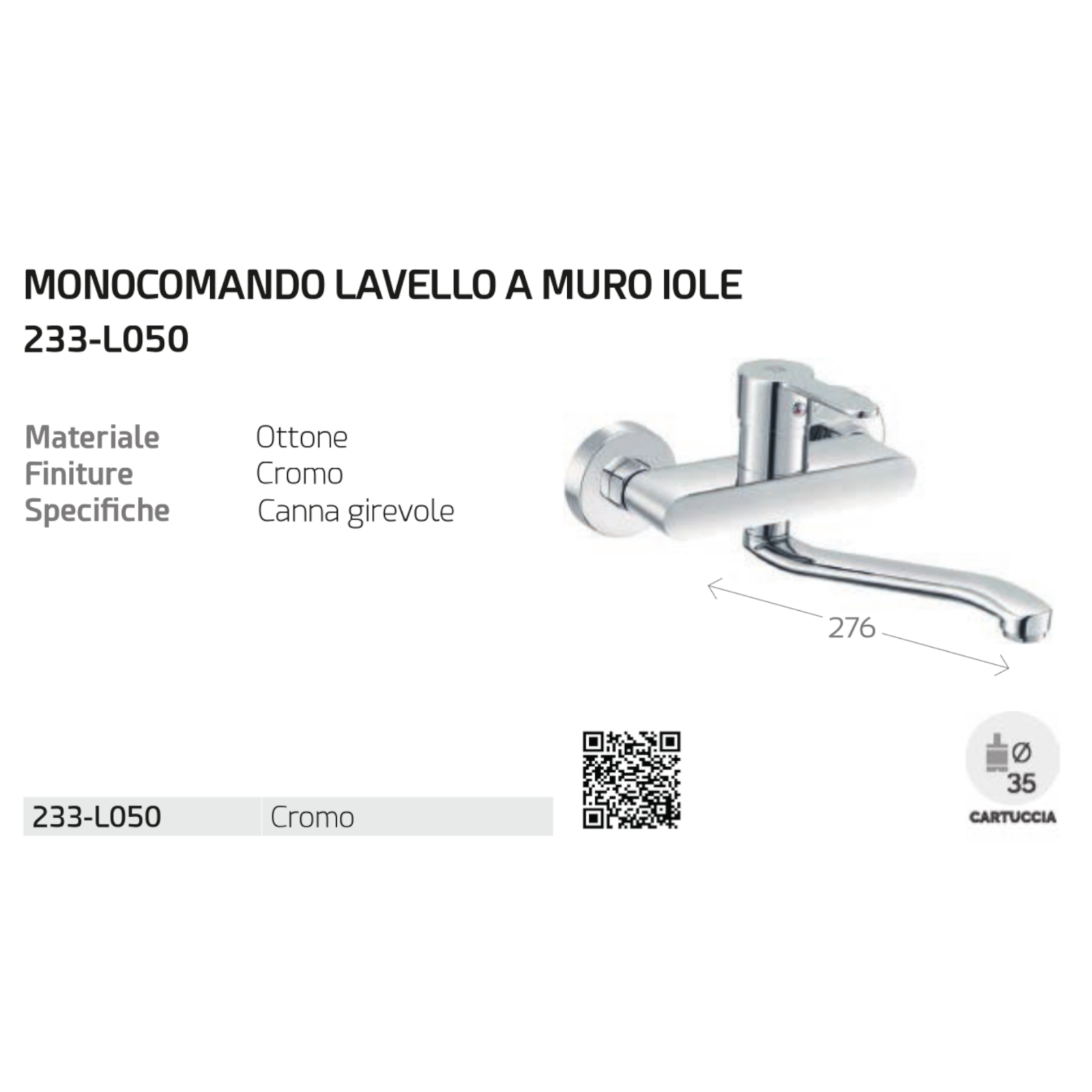 Miscelatore Rubinetto Lavello a Muro Ottone Cromato Monocomando Serie IOLE D.X