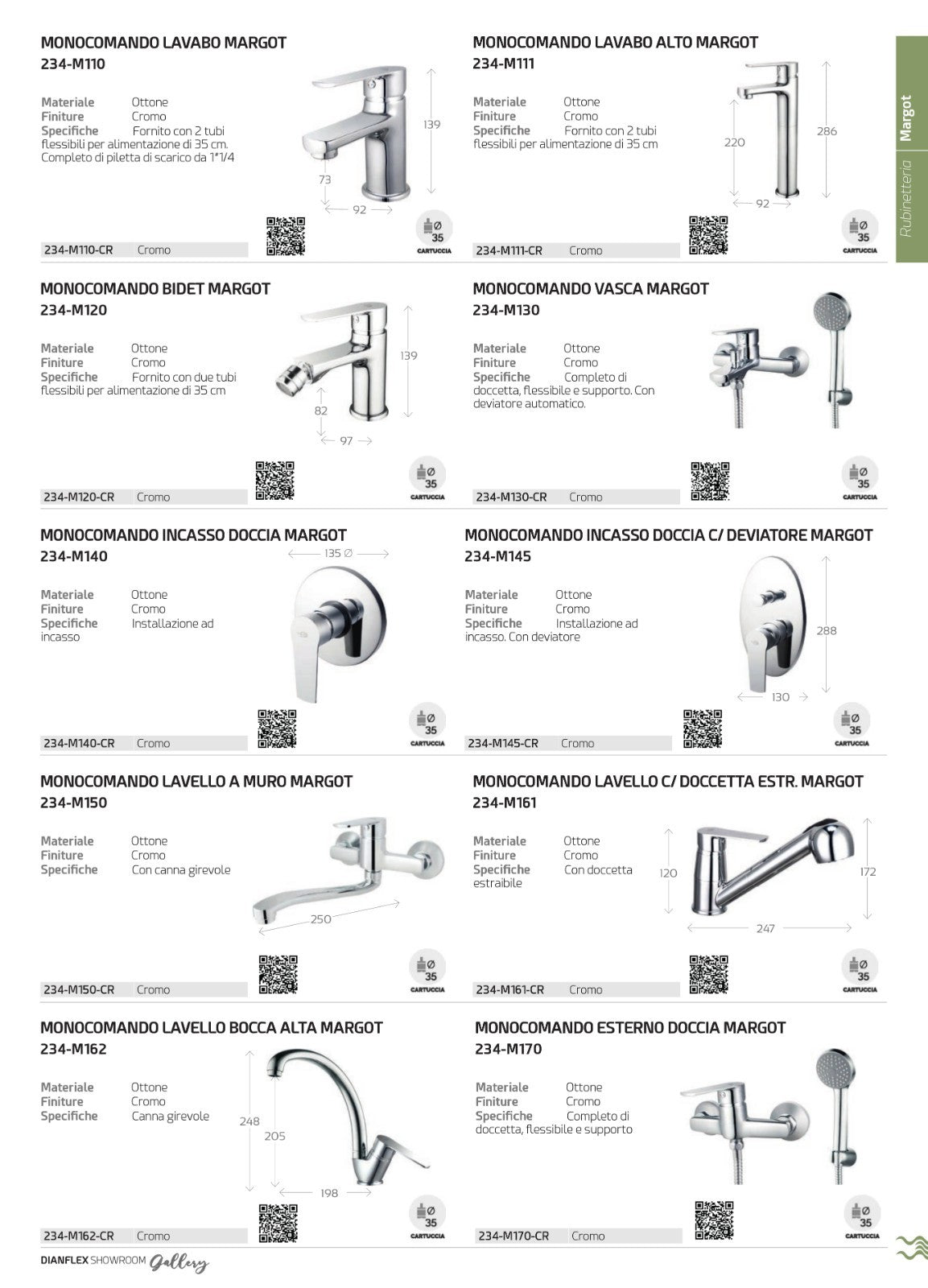 Rubinetto Miscelatore Bagno Lavabo Bidet Vasca Doccia Ottone Moderno MARGOT D.X