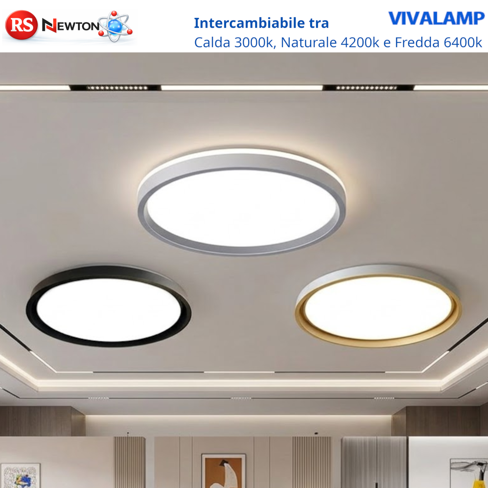 Lampadario Moderno LED Bianco Nero Oro 80W Plafoniera da Soffitto Rotonda V.L