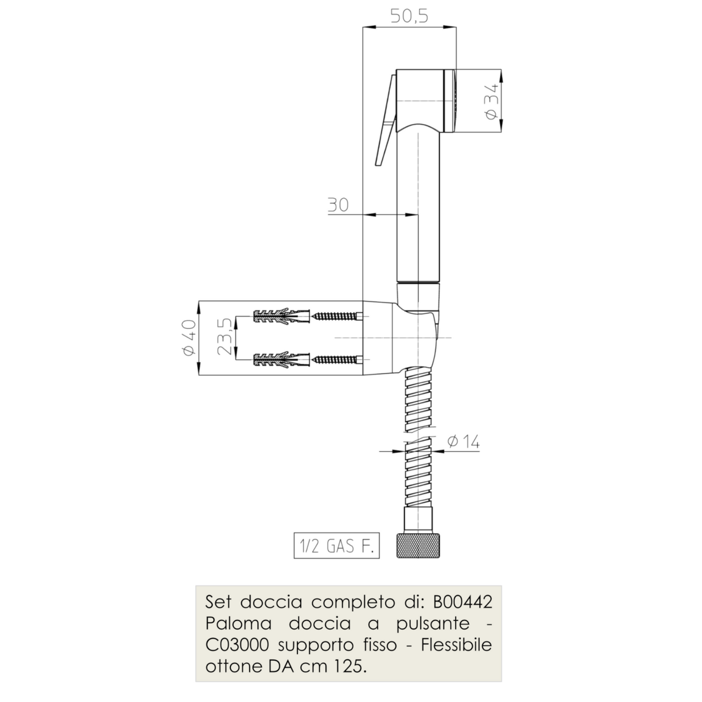 Set Doccia Duplex PALOMA Doccetta a Pulsante Flessibile da 125 cm e Supporto D.X