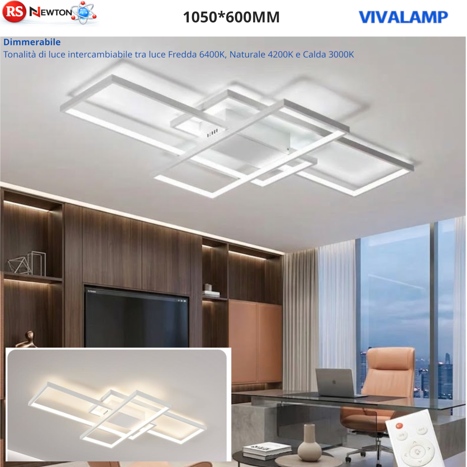 Plafoniera LED 116W Dimmerabile Telecomando Moderna Bianca 105cm 3 Luci V.L
