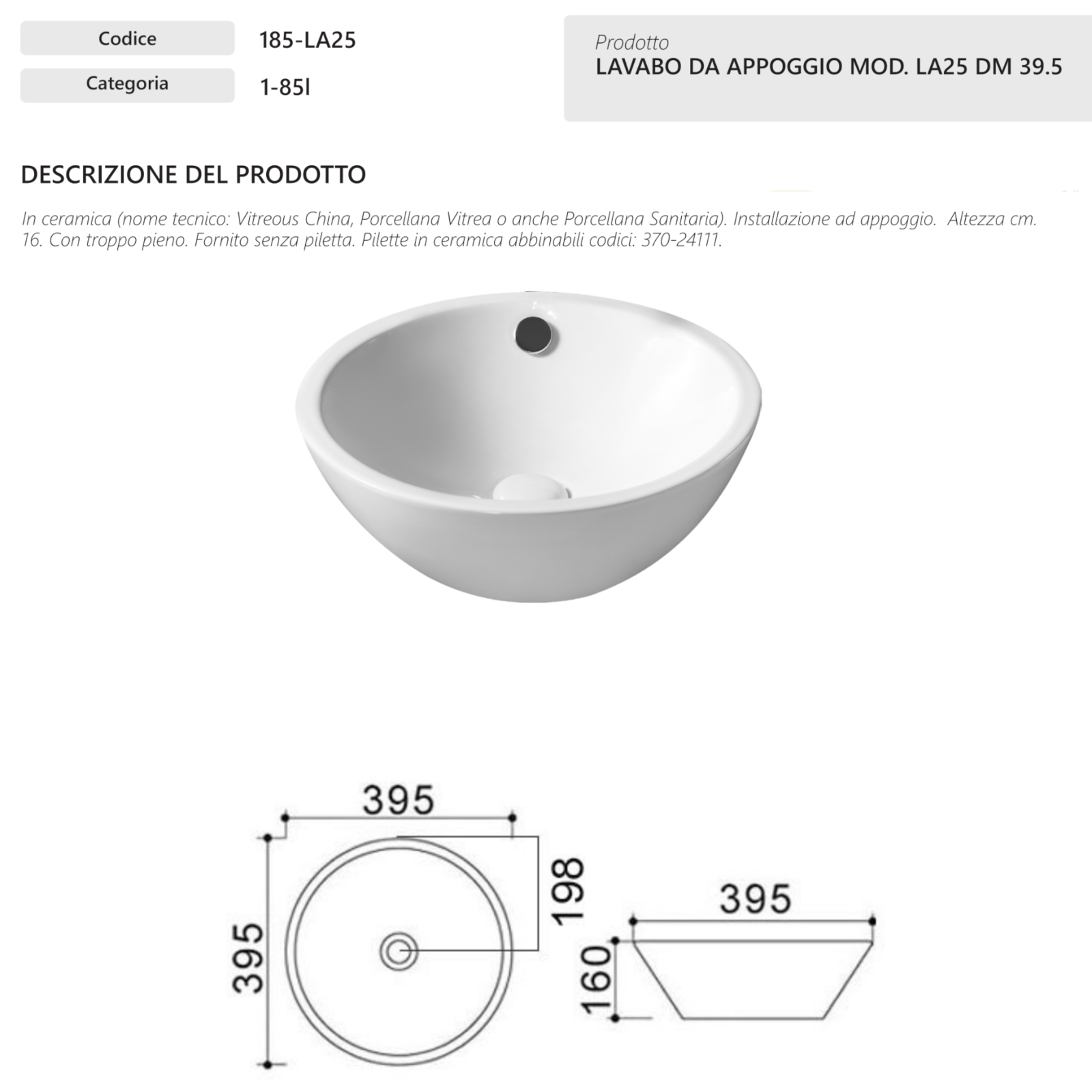 Lavabo Da Appoggio Bagno a Cono 39,5 cm Linpha Ceramica con Troppo Pieno D.X