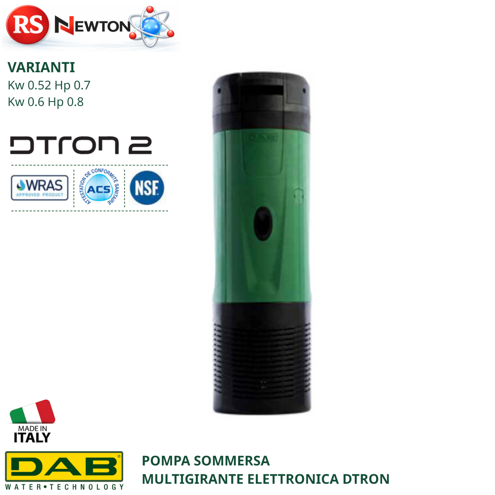 Pompa Sommergibile Elettronica DAB Multigirante Acqua Pulita Pressurizza D.X