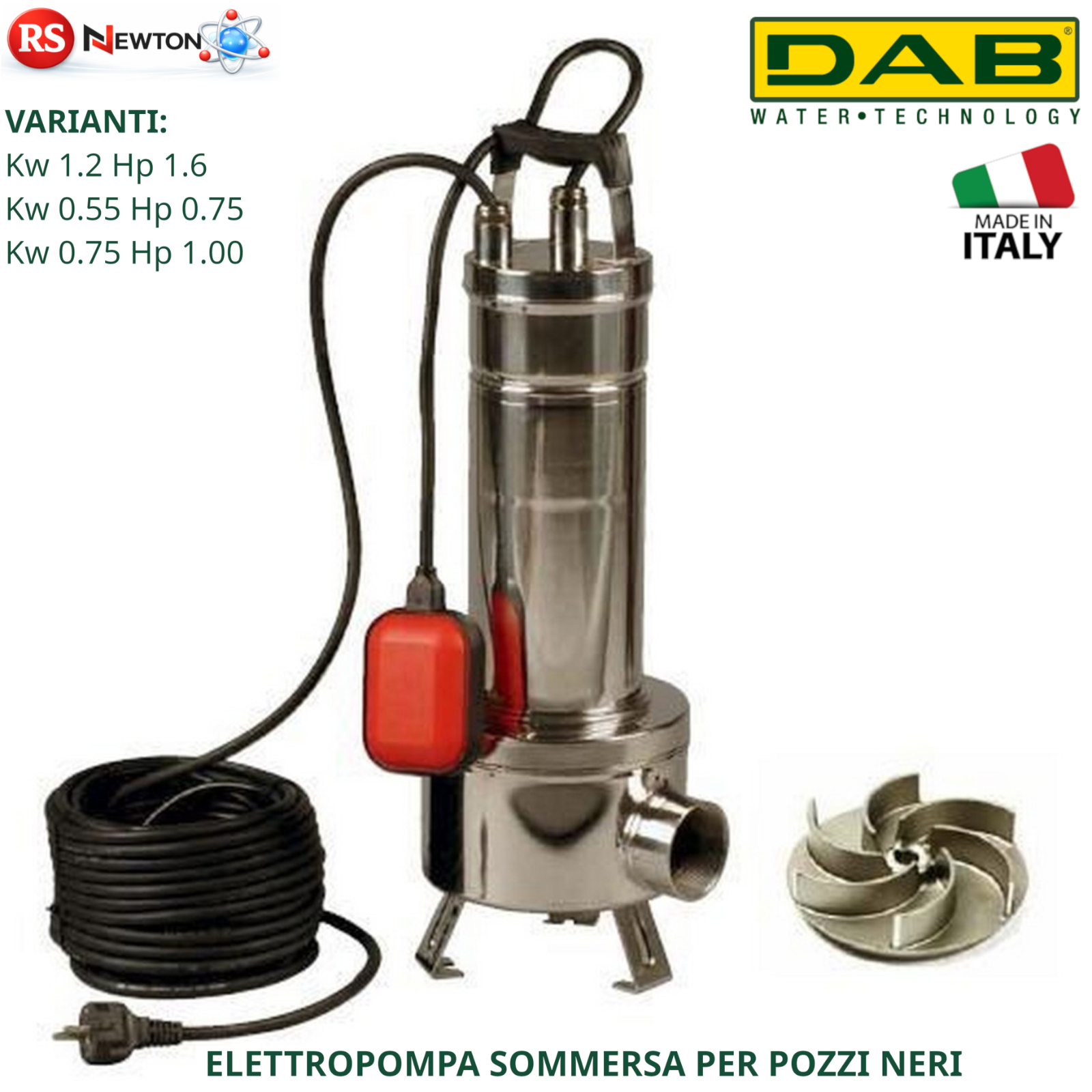 DAB Elettropompa Sommersa Pozzi Neri Acque Luride Vortex 50mm 0.75–1.6HP 10m D.X