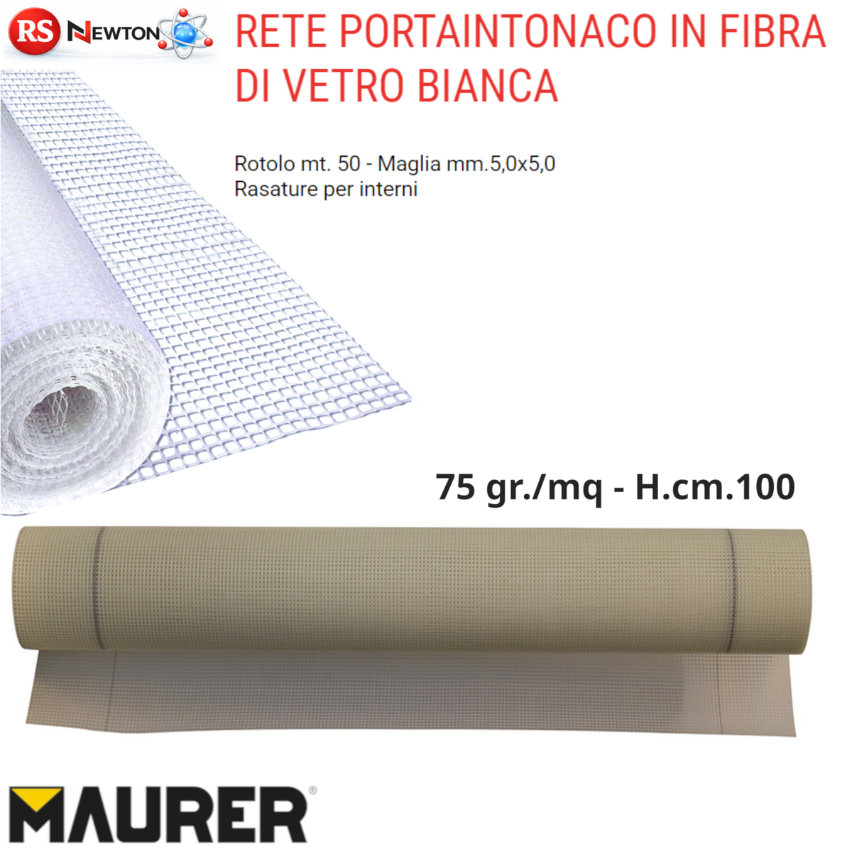 Rete Porta Intonaco Fibra di Vetro 75g Bianca 1x50 m Maglia 5x5 Per Interni VBS