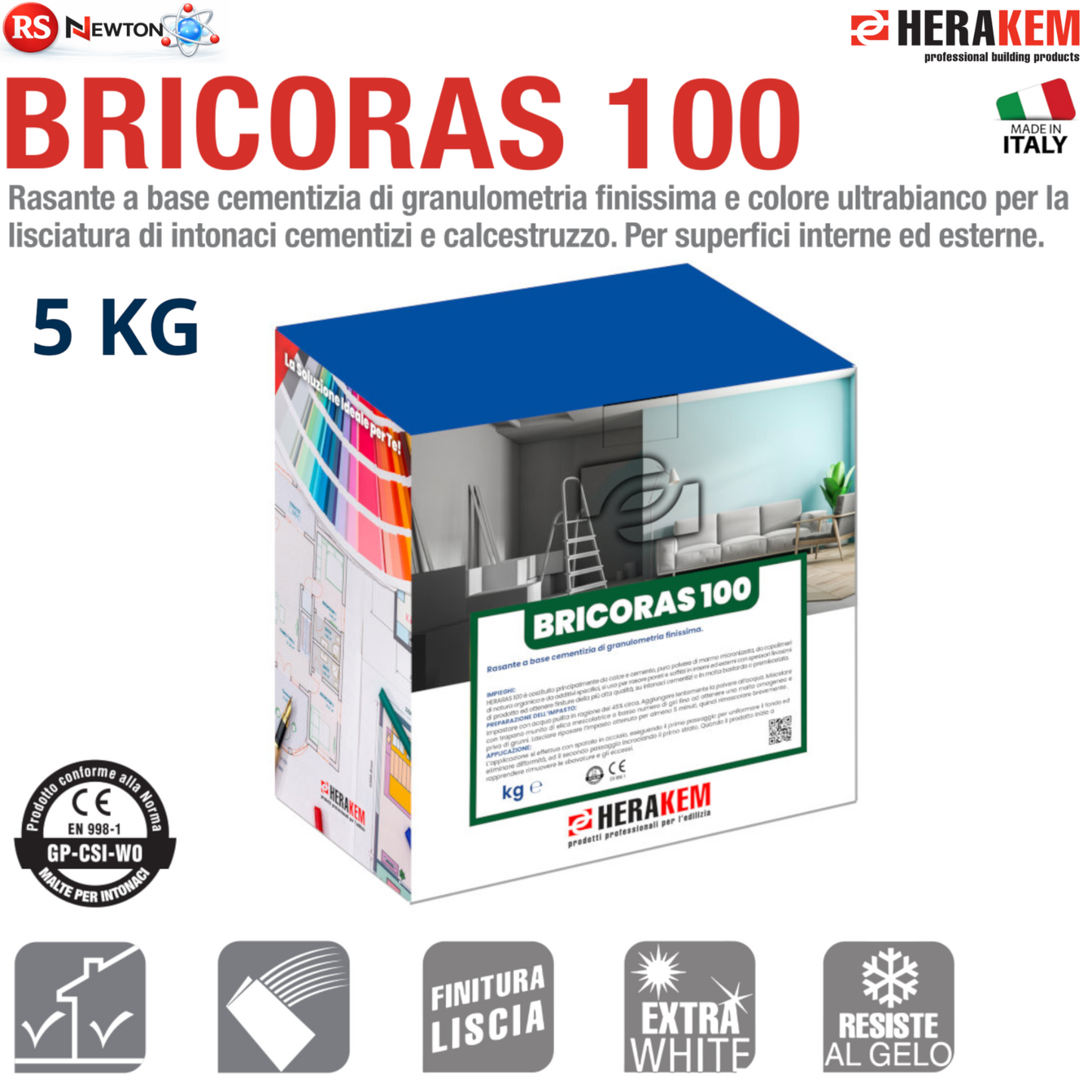 Rasante Cementizio Universale HERAKEM Ultra bianco Interno Esterno Muri 5KG