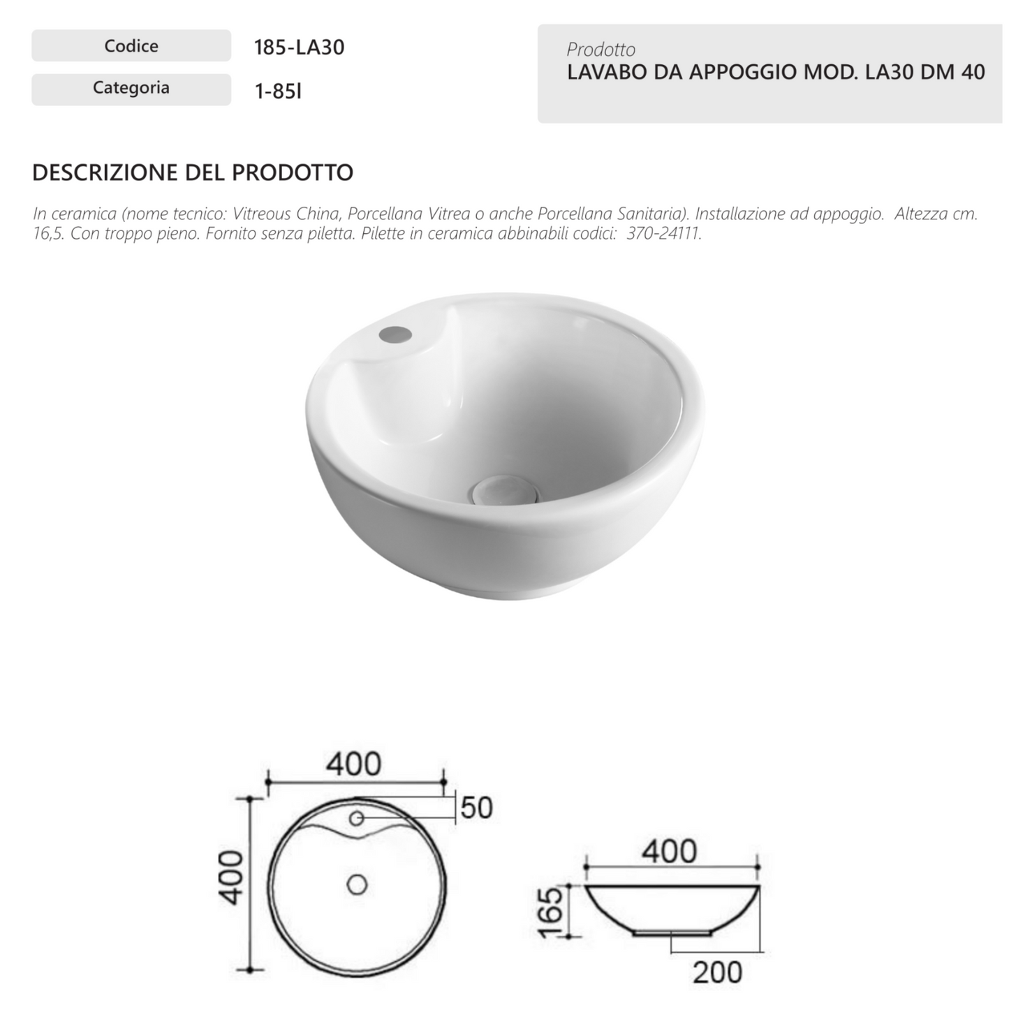 Lavabo Appoggio Rotondo Ø40 cm LINPHA in Ceramica con Troppo Pieno Moderno D.X