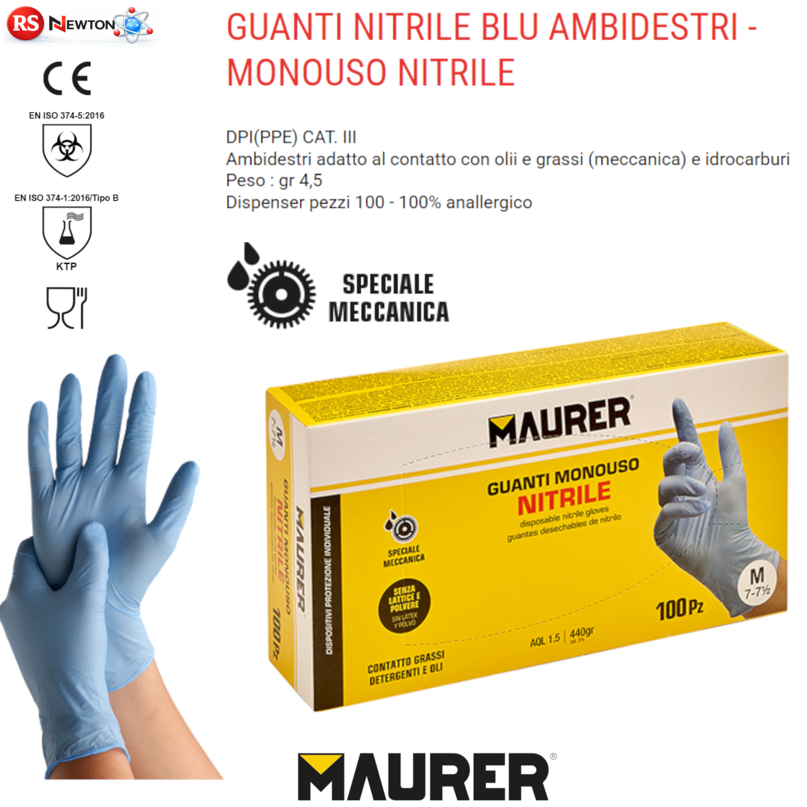 Guanti Nitrile Blu Monouso 100pz Anallergici Oli e Grassi Meccanica CAT III VBS